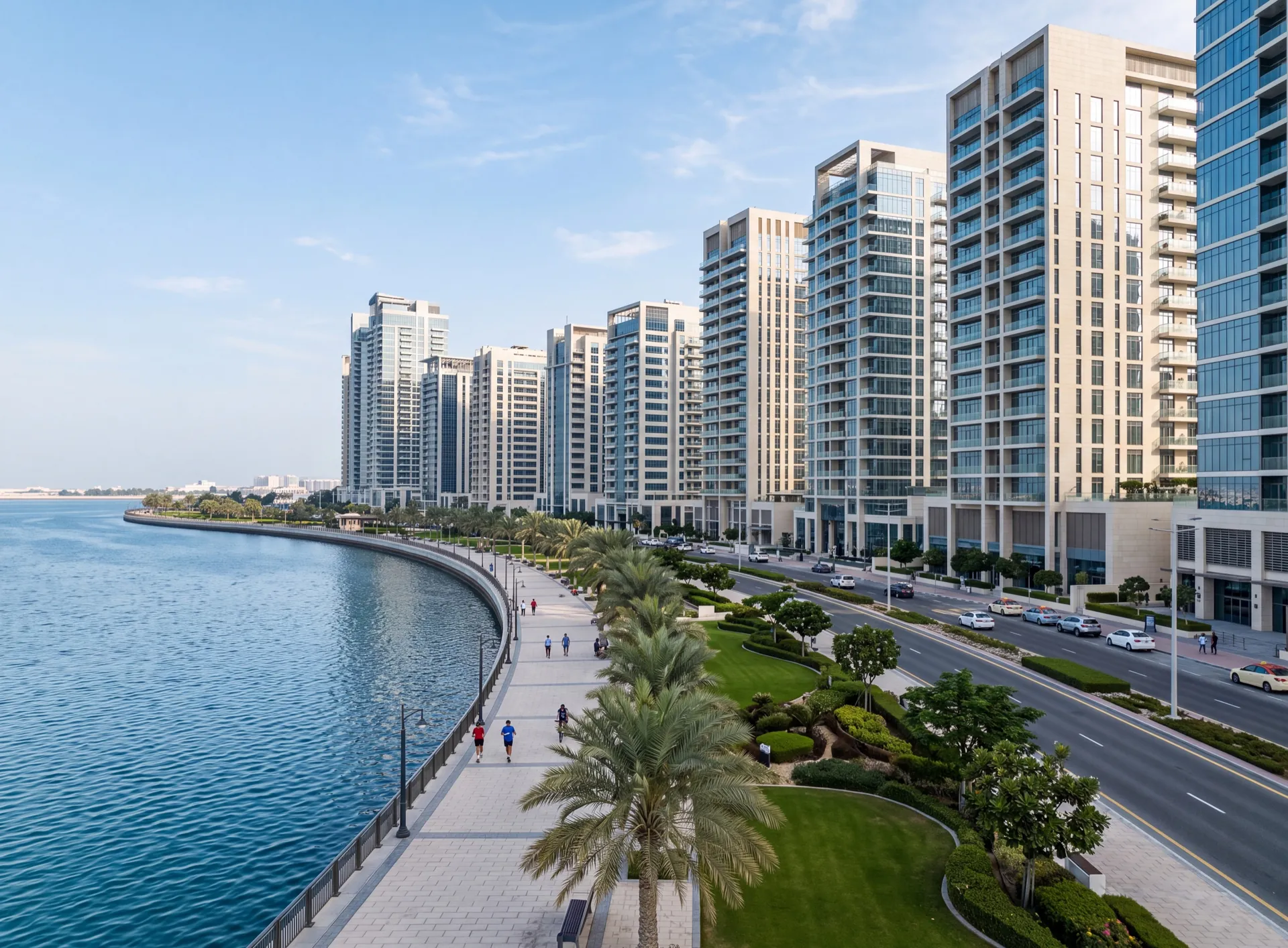 Pale stone buildings with full-height aluminium glazing along the Abu Dhabi Corniche