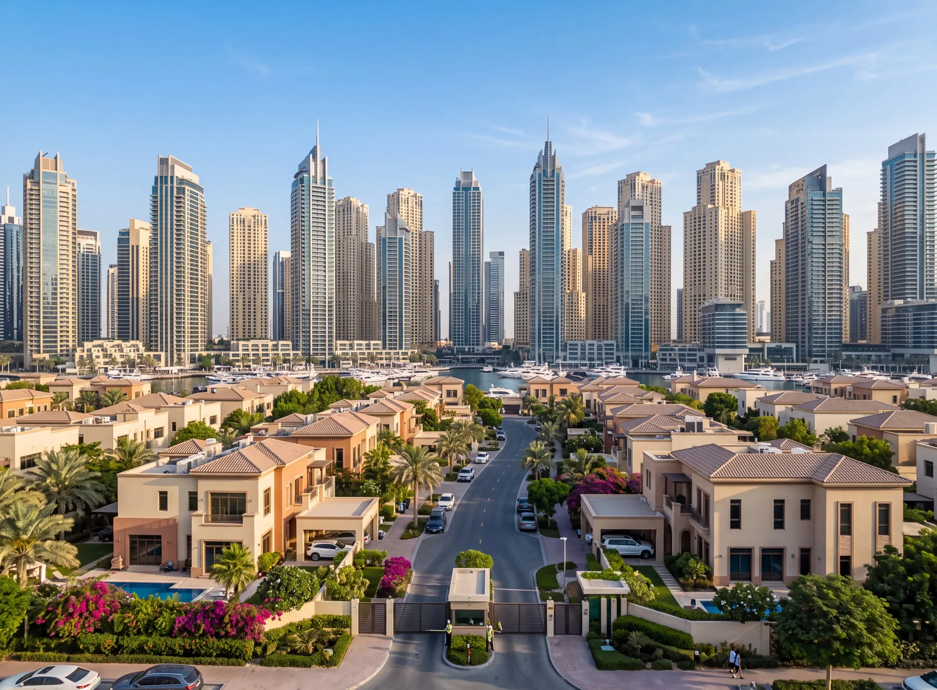 Aluminium-glazed Dubai Marina towers rising behind a low-rise villa community