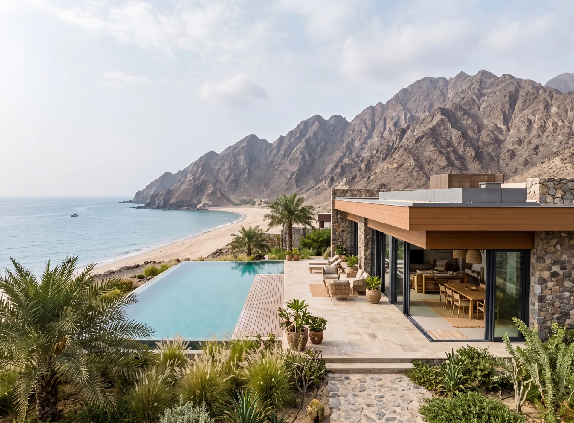 Low-rise coastal villa in Fujairah with wide aluminium sliding doors, the Hajar mountains behind and the Gulf of Oman beyond the terrace