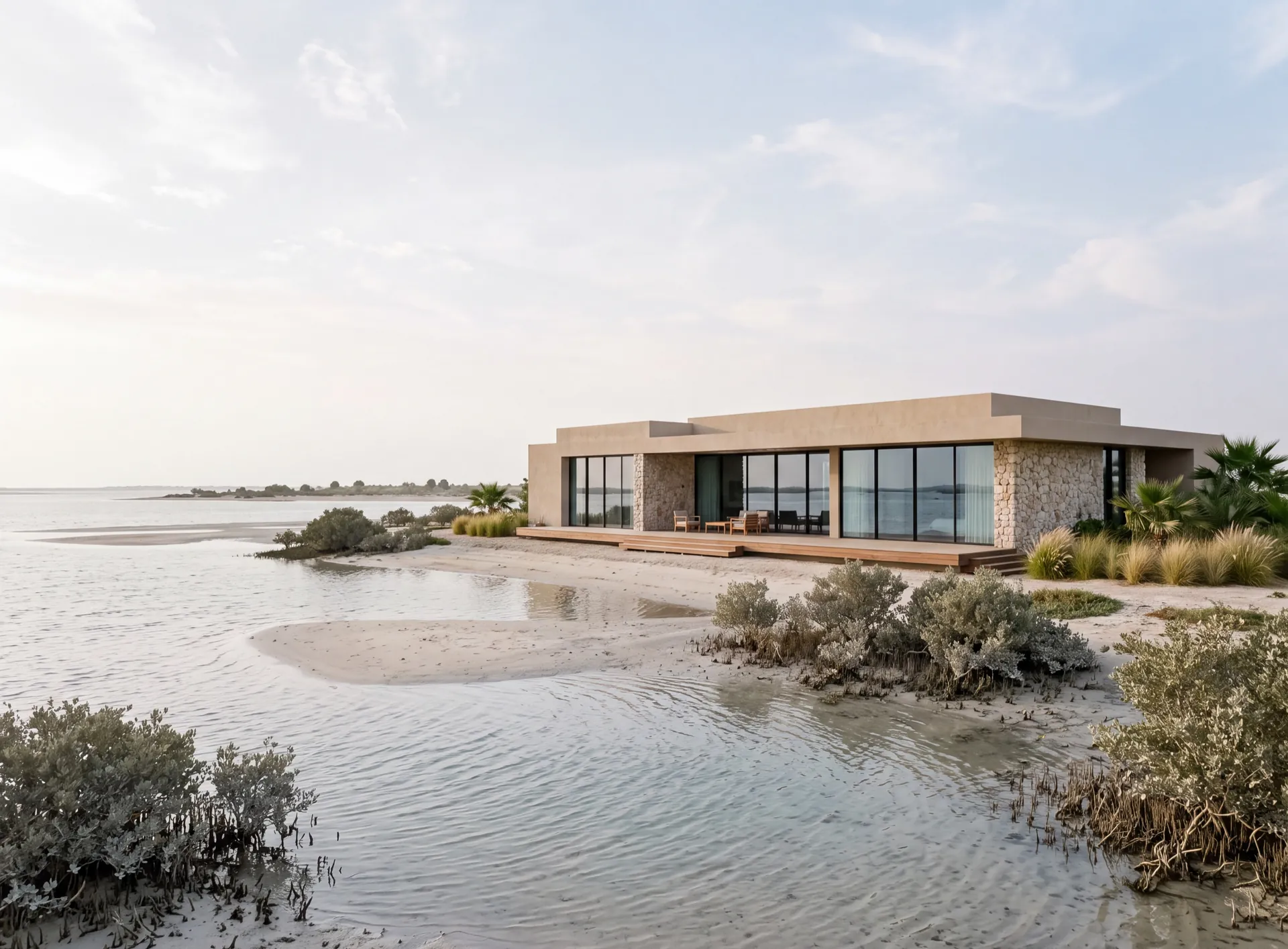 Single-storey house on a Umm Al Quwain lagoon with large aluminium glazing, mangroves and open sandbanks around it