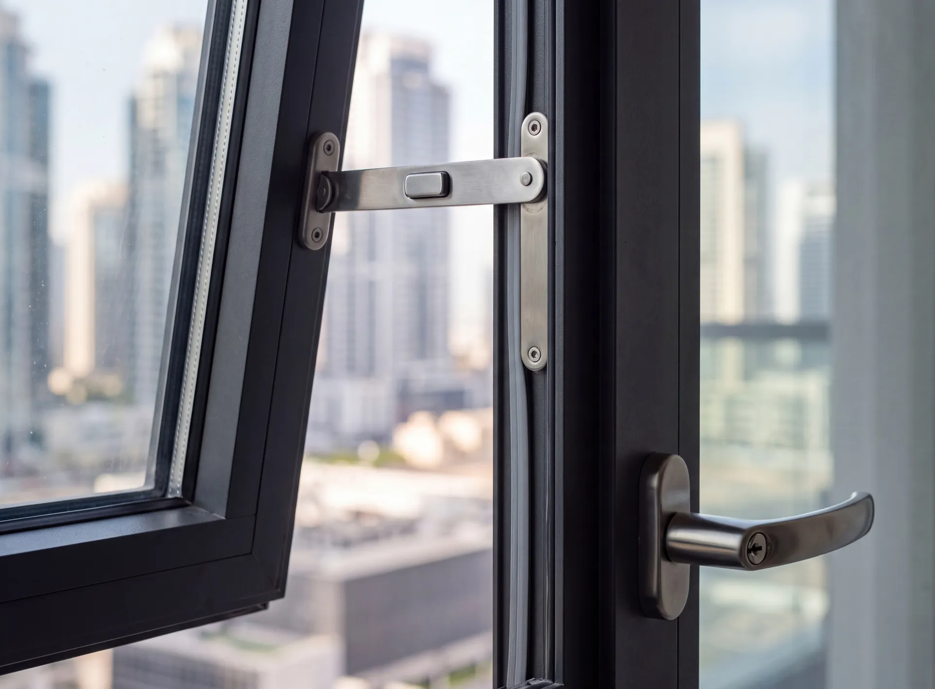 Stainless steel restrictor stay holding an aluminium window sash open a short distance, with a key-lockable lever handle below it