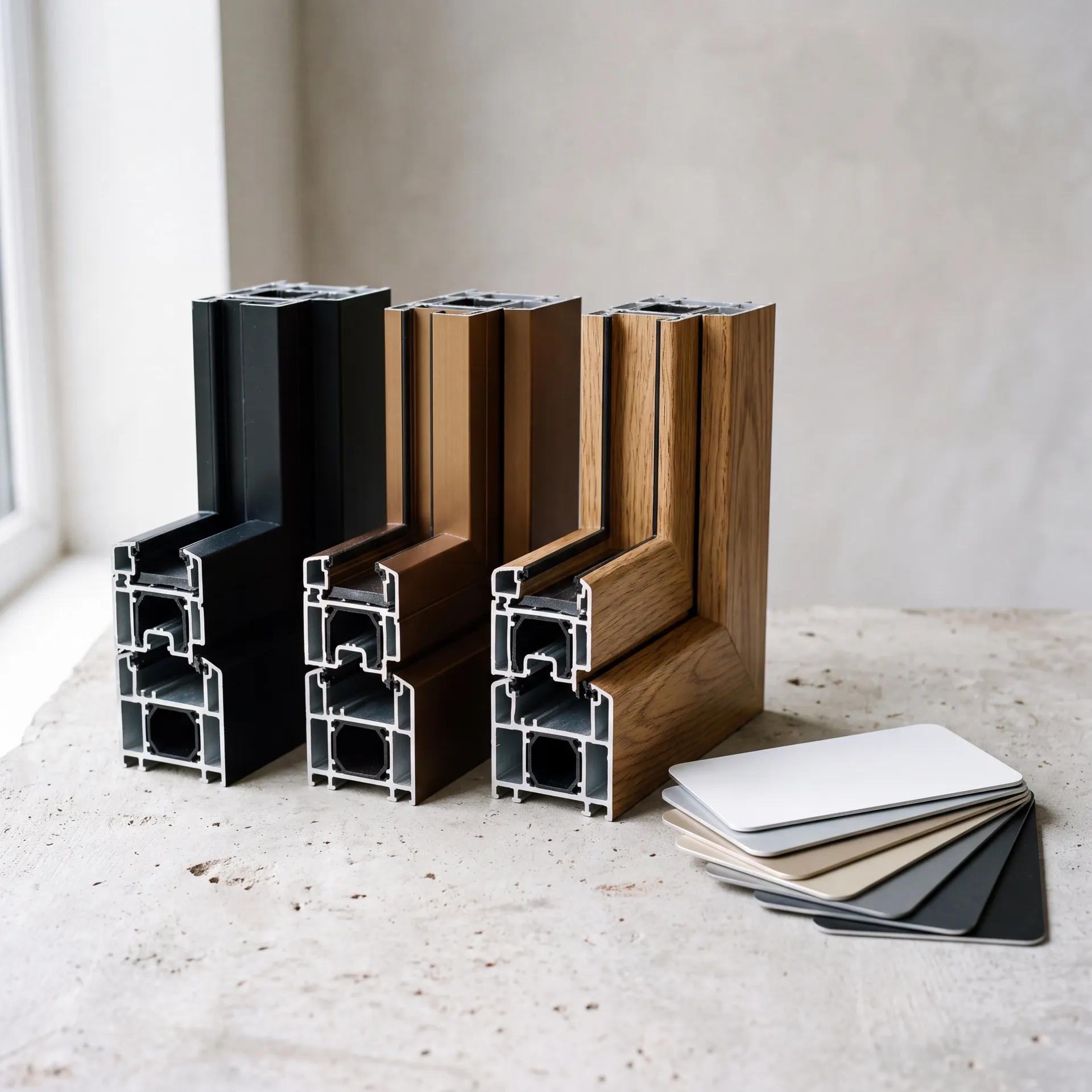 Aluminium colour swatches beside profile offcuts in bronze, black and wood effect