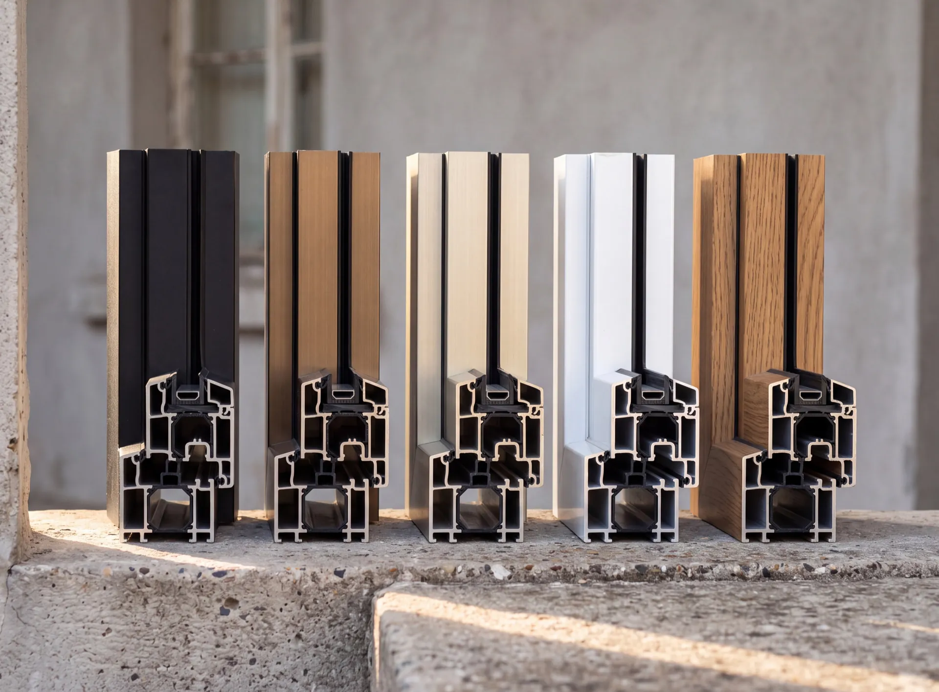 Aluminium window profile offcuts in matt black, bronze anodised, champagne, white and wood effect standing side by side