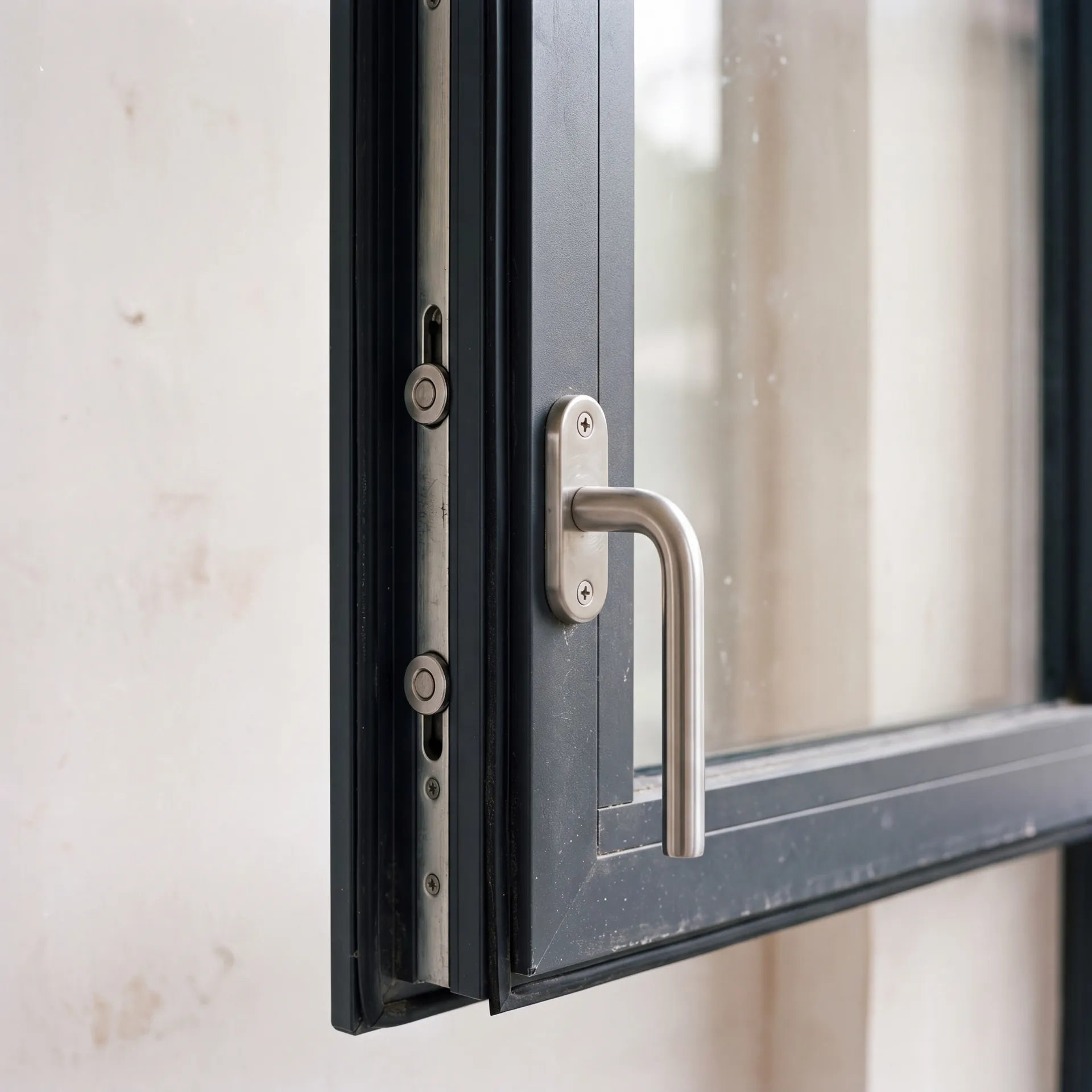 Lever handle on a dark anodised aluminium window sash, close up