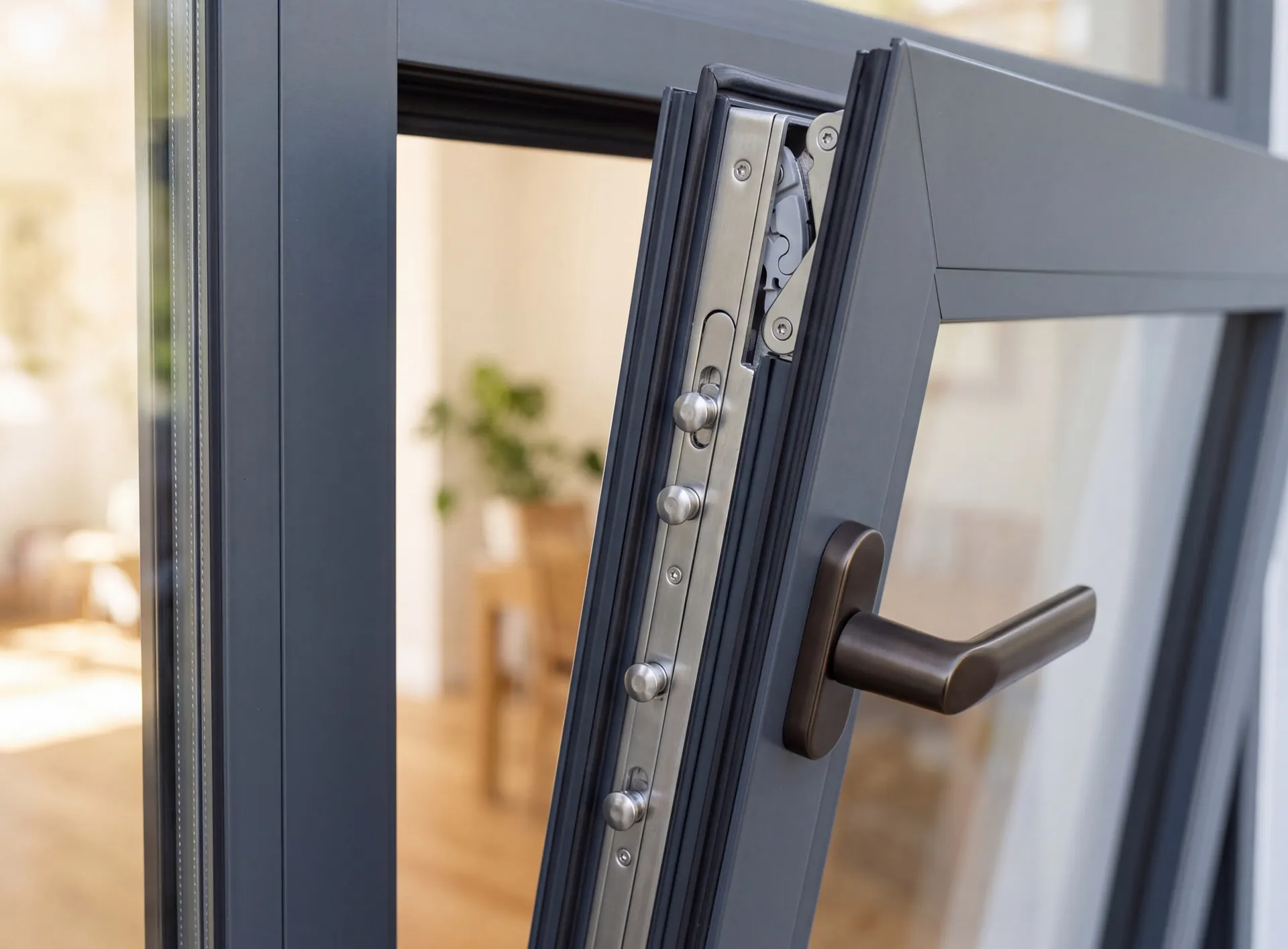 Locking strip, concealed hinge and bronze lever handle on the edge of an open aluminium window sash