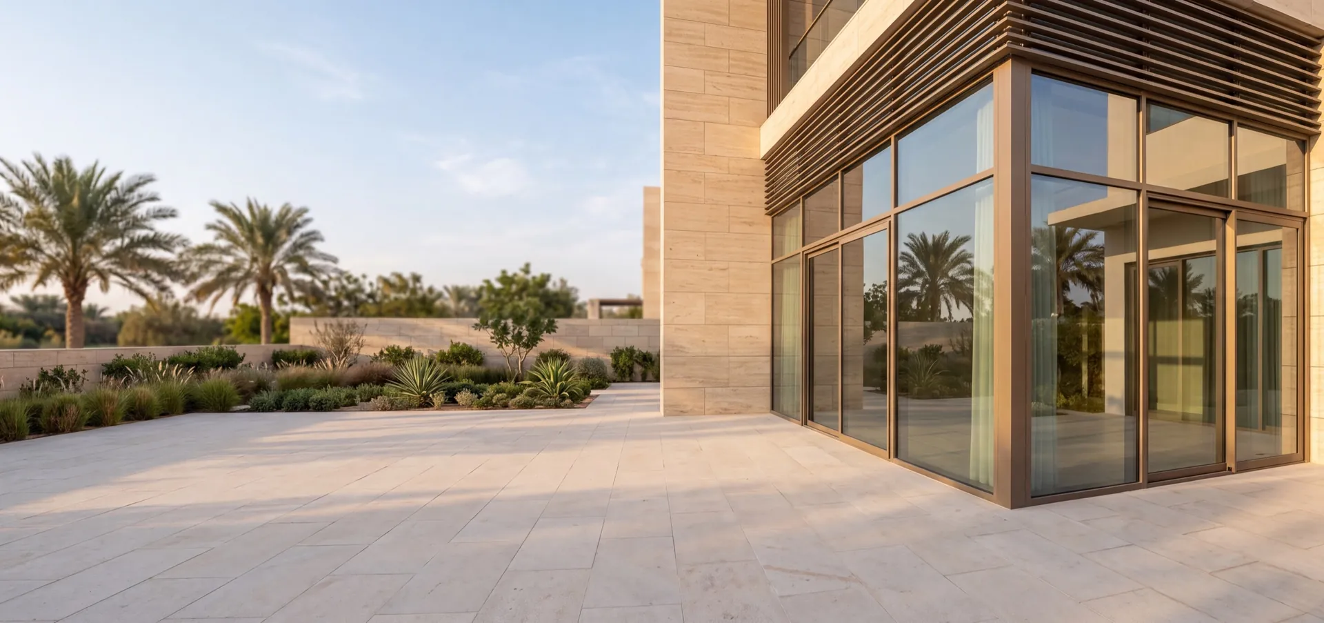 Corner of a Dubai villa facade with bronze anodised aluminium window frames in raking sunlight