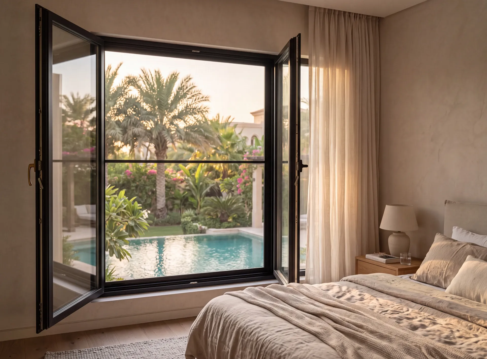 Open aluminium window in a Dubai villa bedroom with a fine dark insect mesh screen across the opening and a palm garden beyond