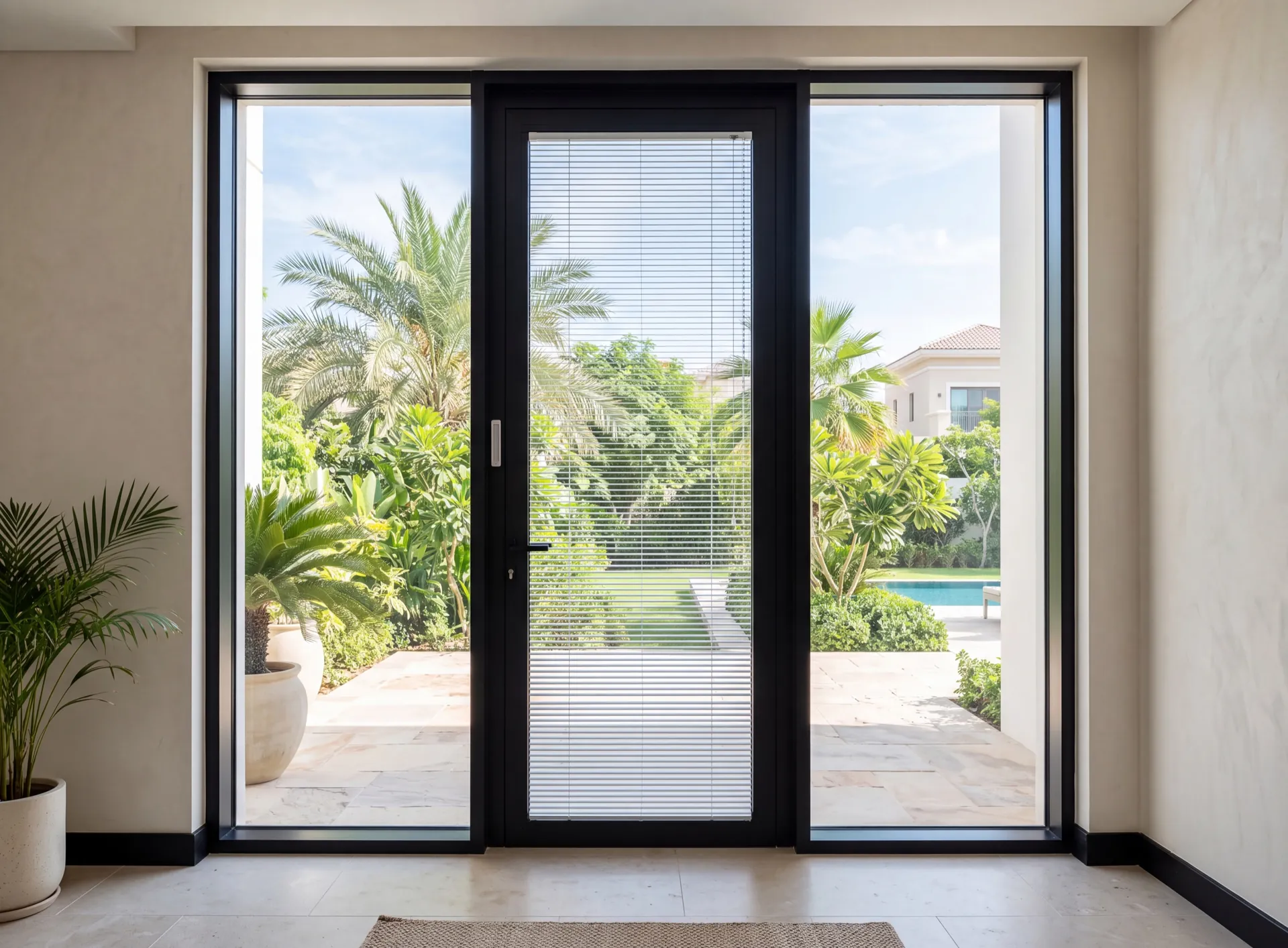 Tall aluminium glazed door in a Dubai villa with venetian blind slats sealed inside the double glazed unit, garden beyond