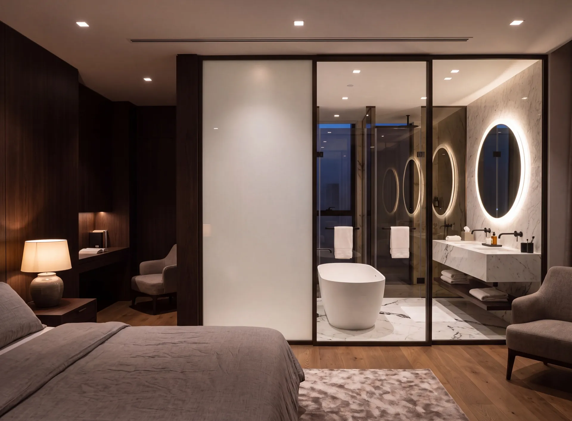 Switchable privacy glass partition between a Dubai villa bedroom and bathroom, the nearer panel in its opaque milky state