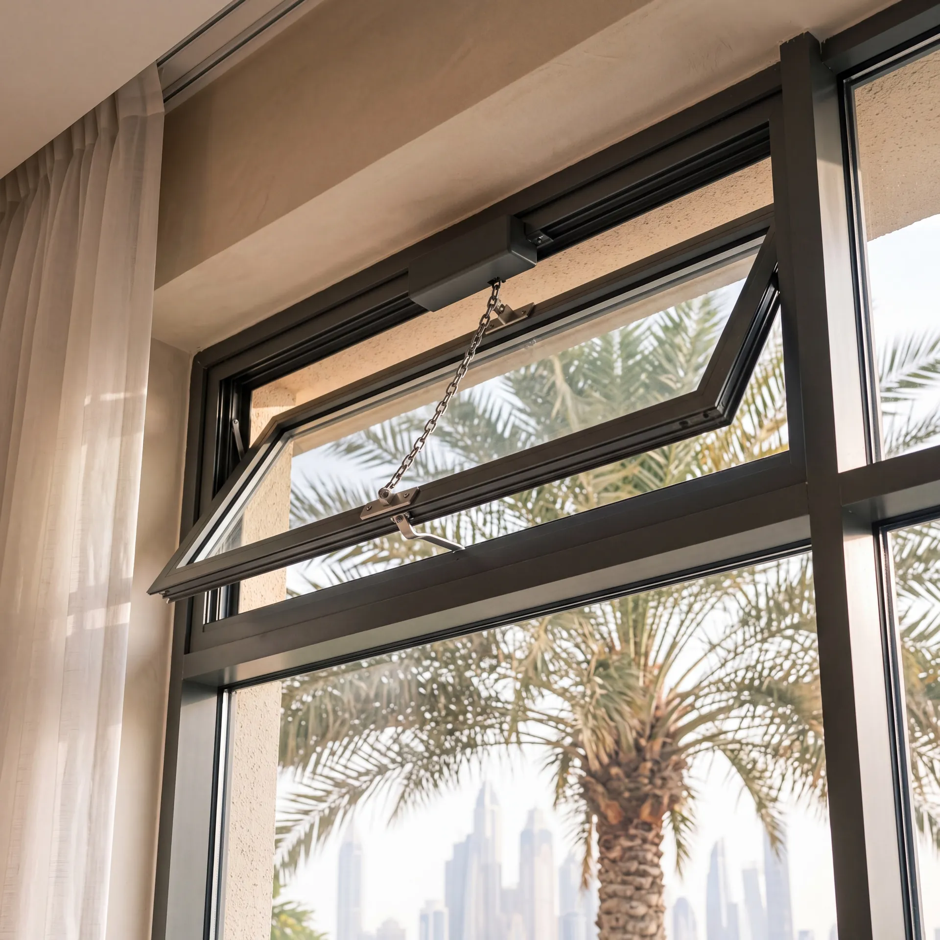 Chain actuator on the top rail of an aluminium window sash holding it open