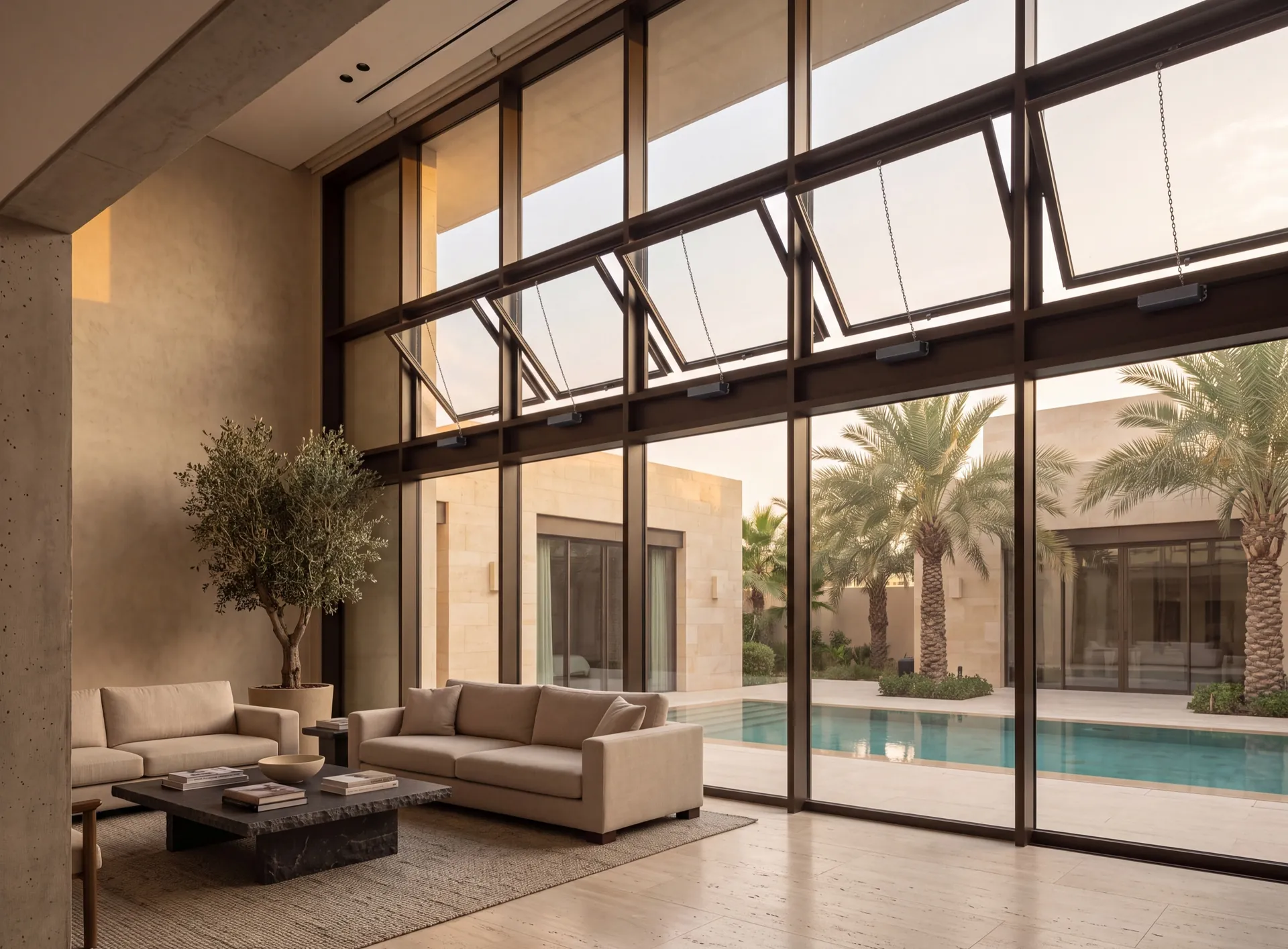 High-level aluminium fanlight sashes held open by slim chain actuators above a glazed wall in a Dubai villa