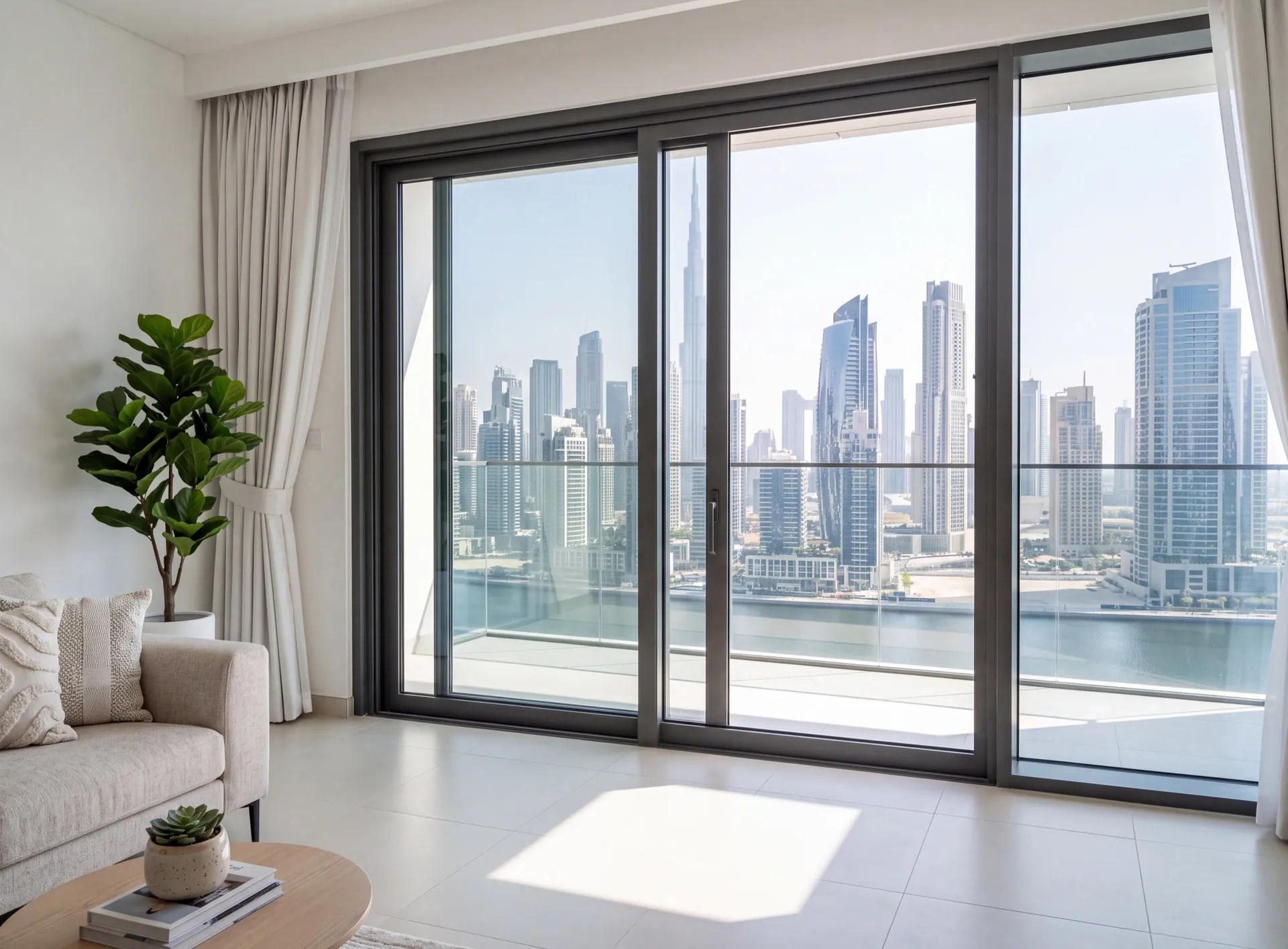 Living room of a Dubai apartment with a large aluminium-framed sliding door, solar control glass reading slightly cooler while the room stays bright