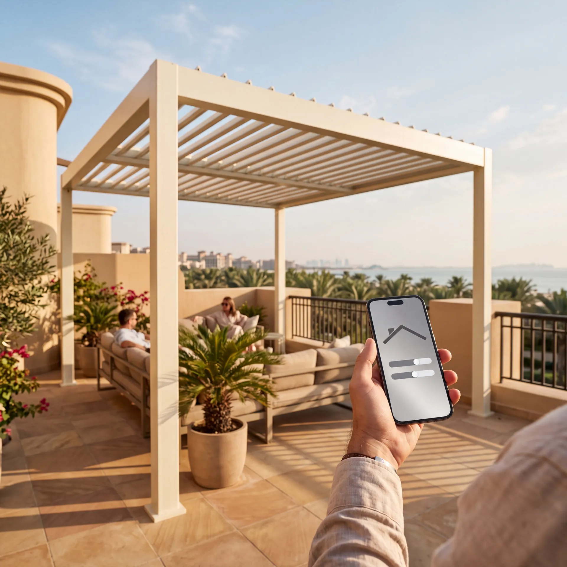 Hand holding a phone that controls a motorised pergola roof from the terrace below