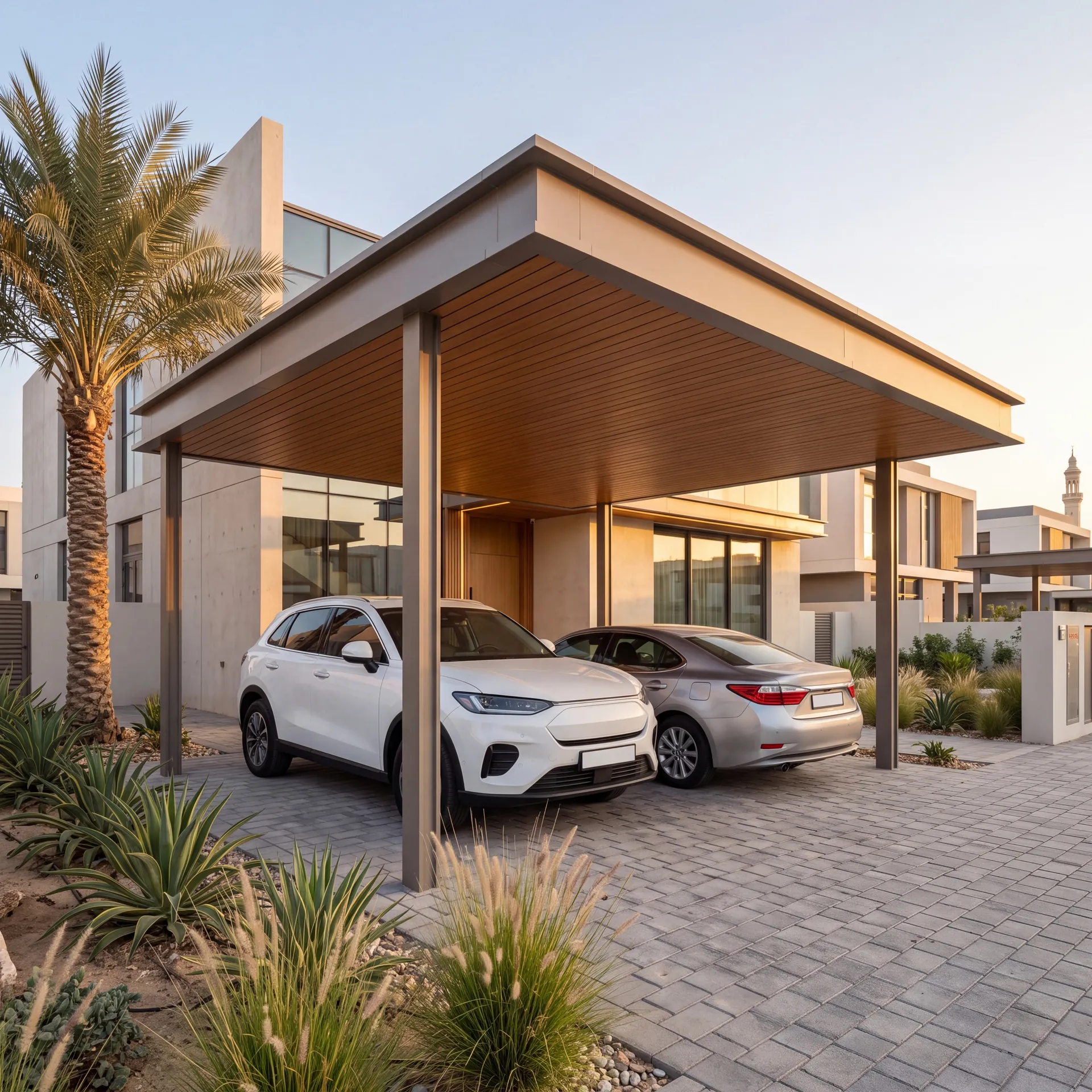 Aluminium carport shading two cars on a villa driveway in Dubai