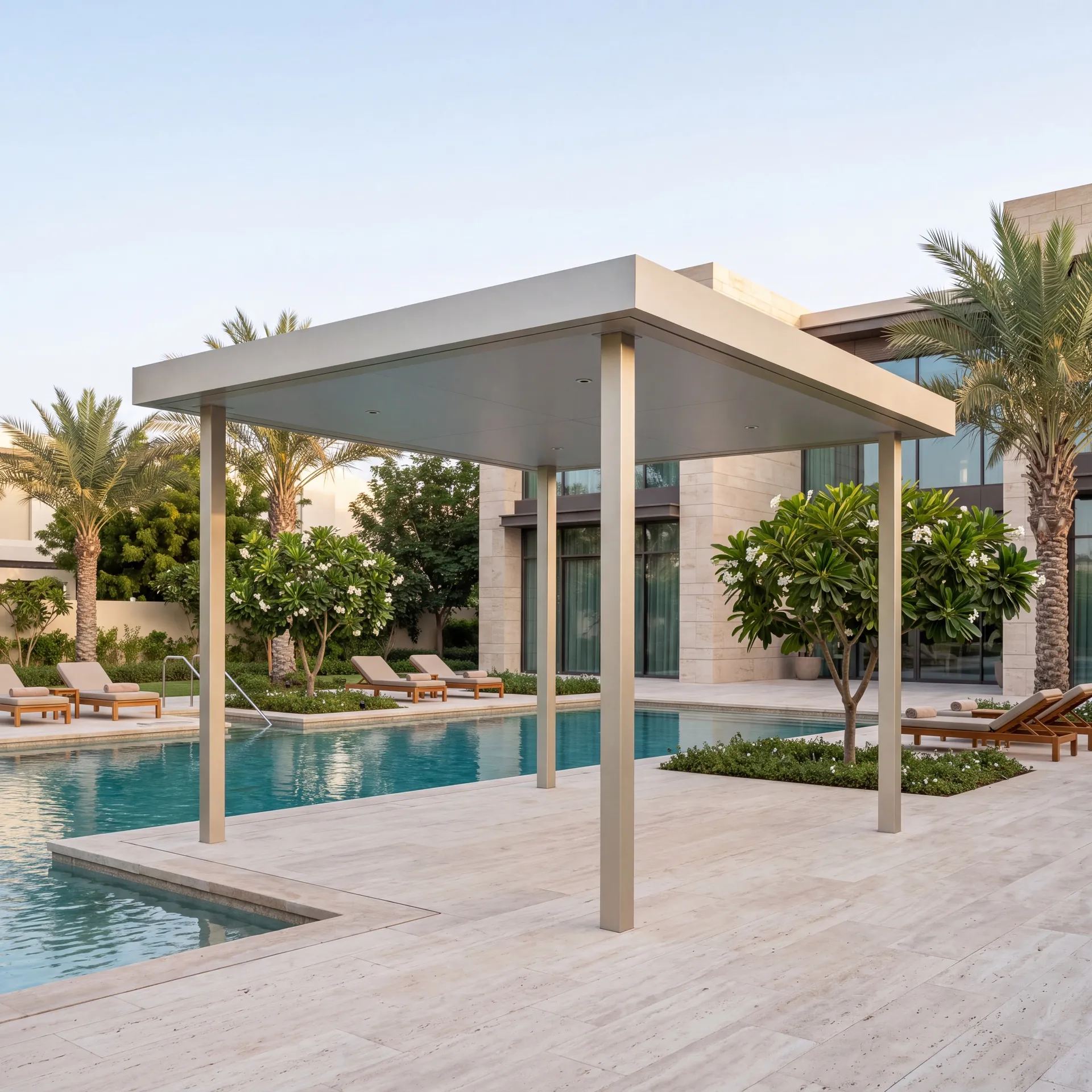 Freestanding aluminium gazebo with a solid roof beside a villa swimming pool