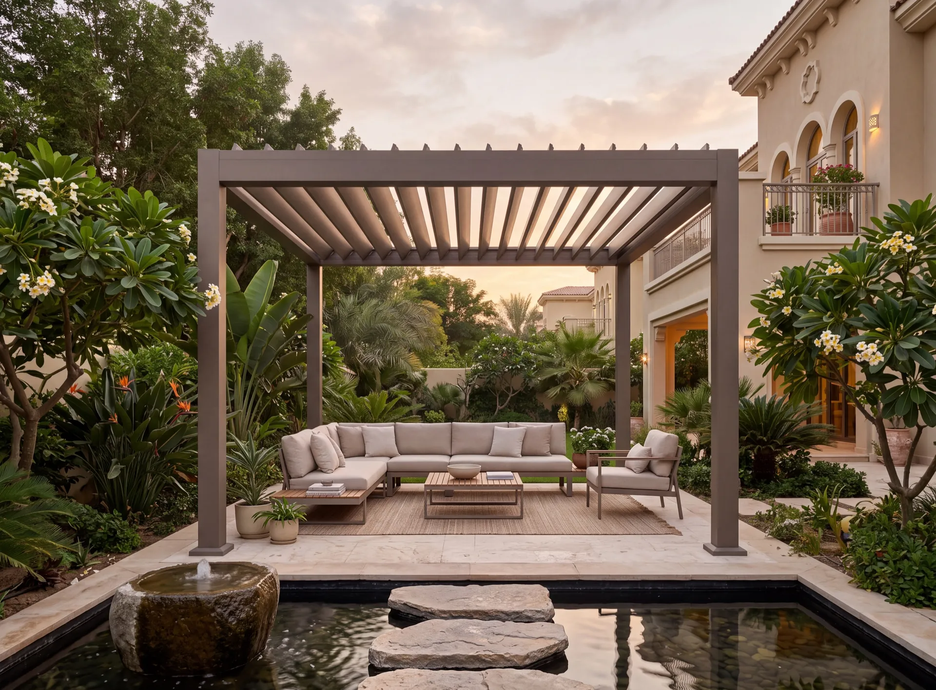 Aluminium pergola with adjustable louvres over a shaded seating area in a Dubai villa garden