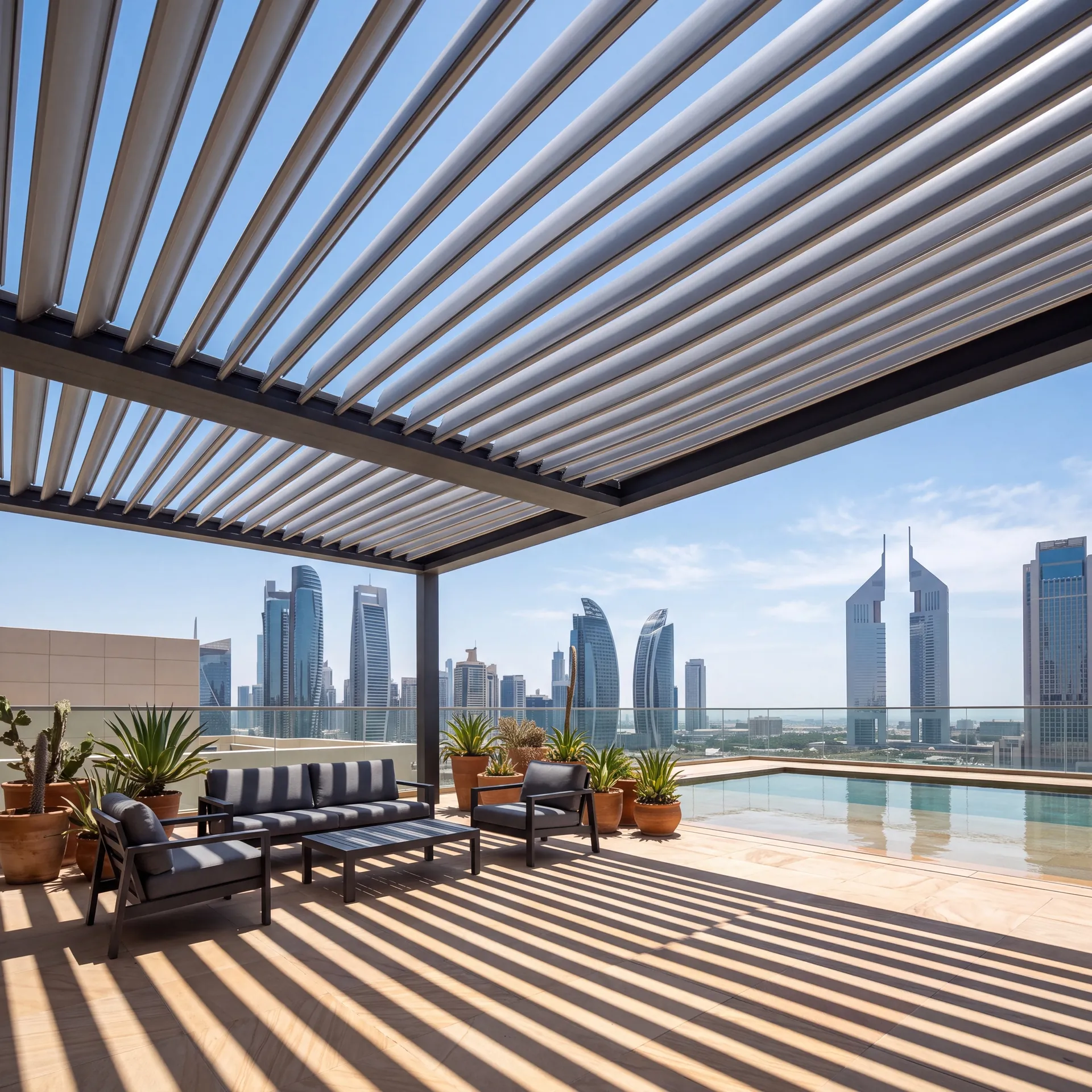 Aluminium louvres part open above a garden terrace, throwing bands of shade onto the floor