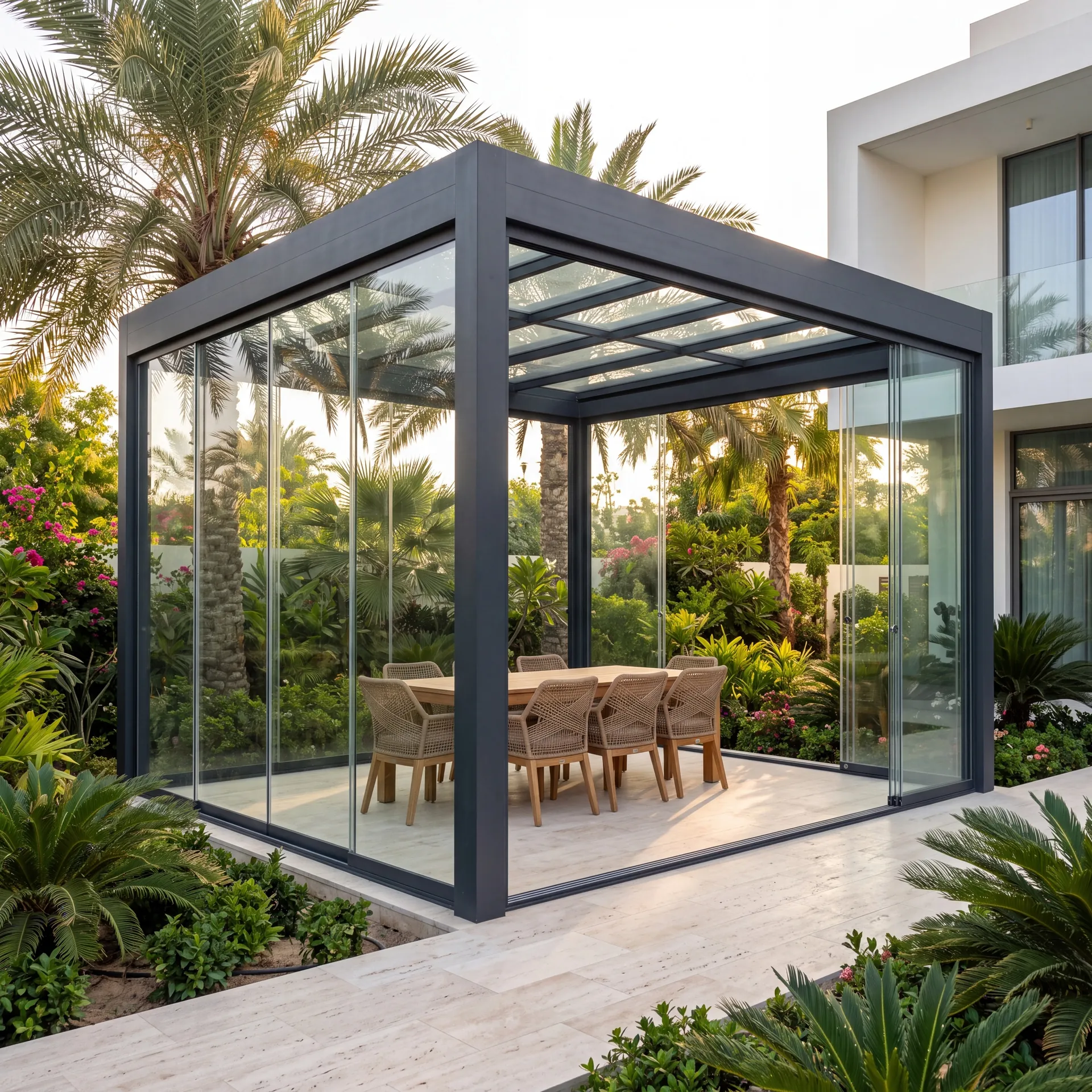 Aluminium pergola in a Dubai garden enclosed with sliding glass sides and a glazed roof