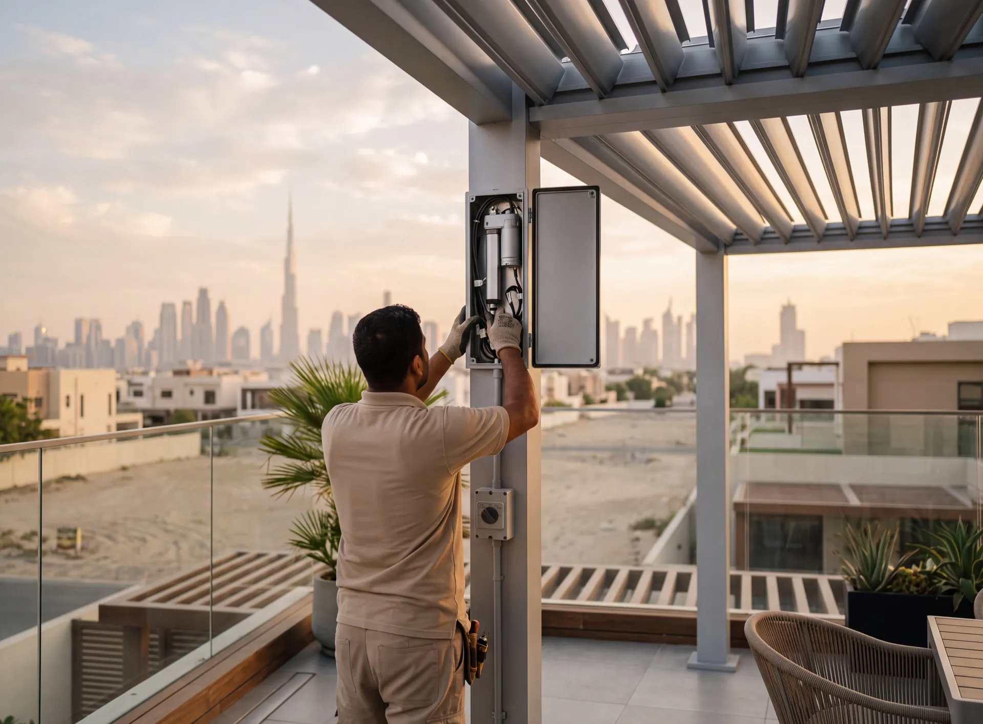 Technician reaching into an aluminium pergola post to service the actuator that turns the roof