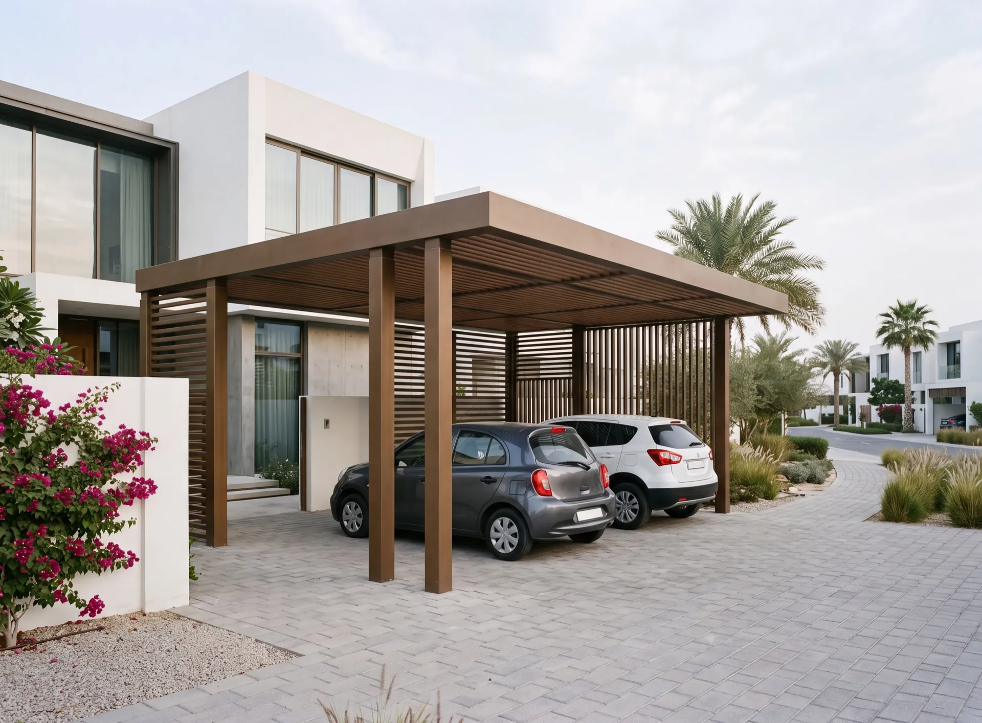 Aluminium carport shading two parked cars on a villa driveway in Dubai