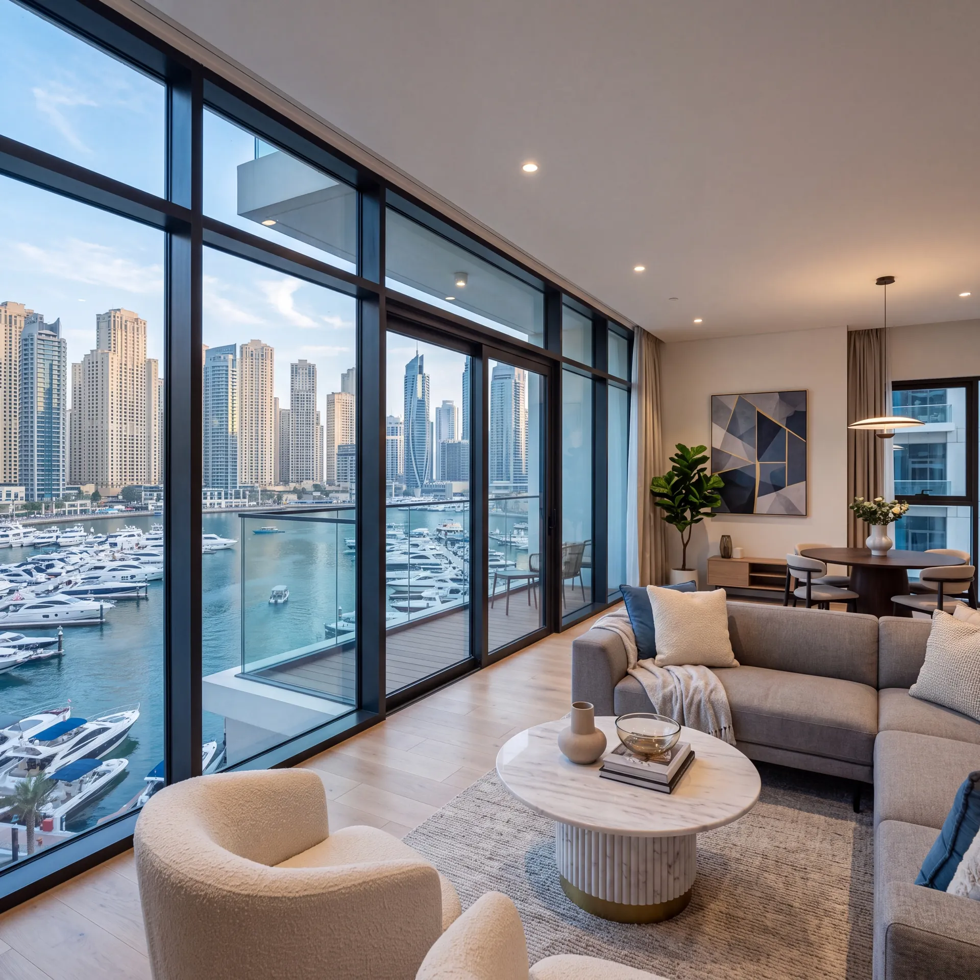 Living room of a high-rise Dubai apartment with floor-to-ceiling glazing