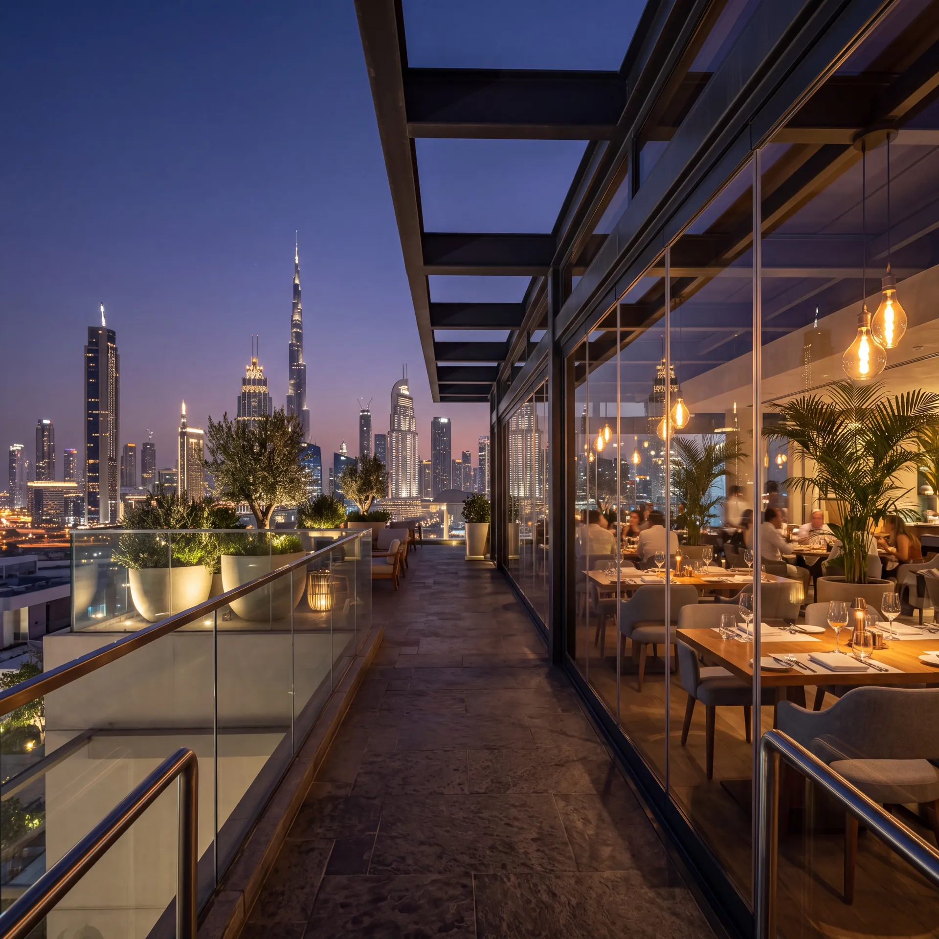 Restaurant terrace in Dubai enclosed with slim aluminium glazing