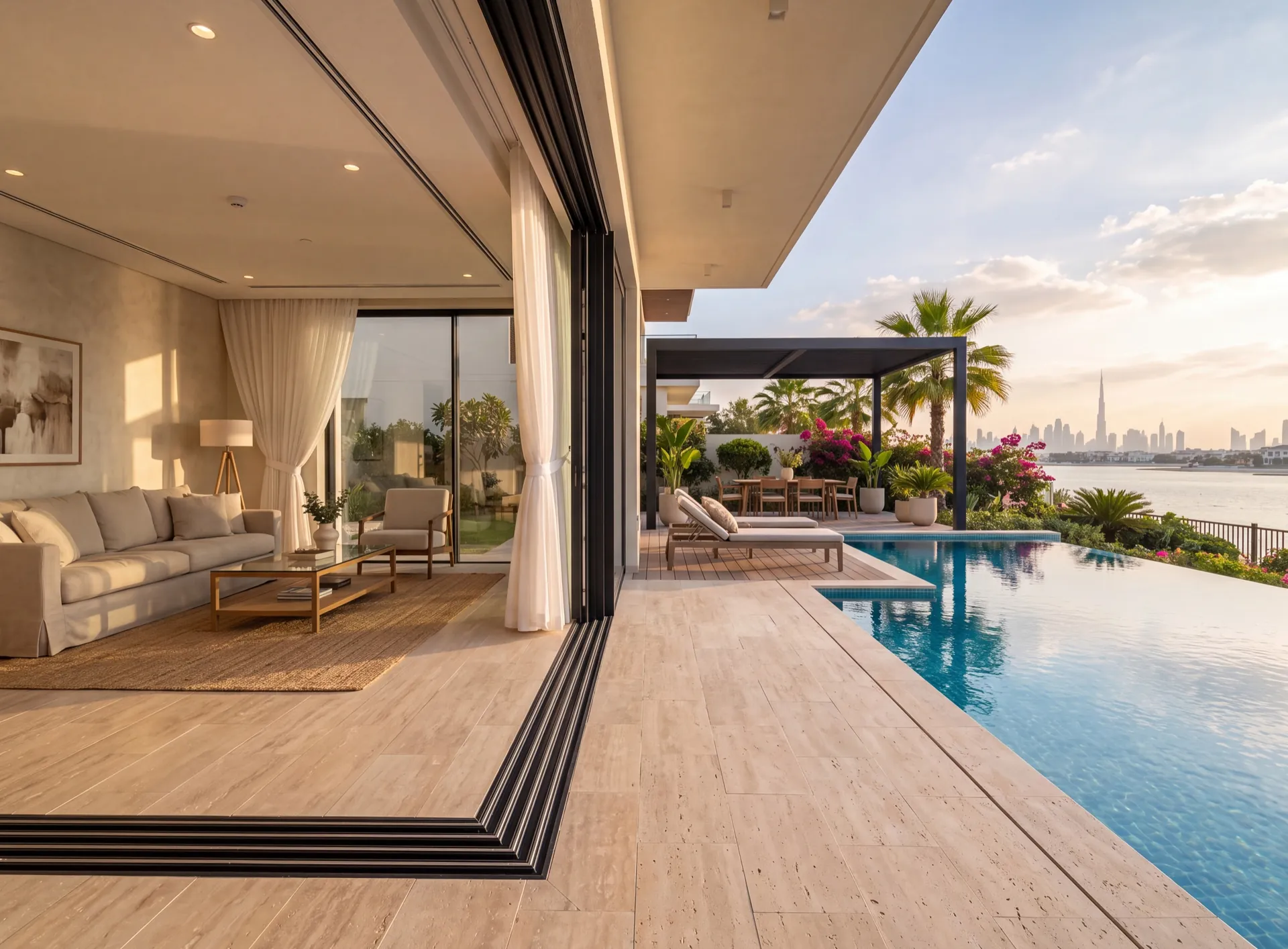 Panoramic aluminium sliding door opening from a Dubai villa onto a pool terrace