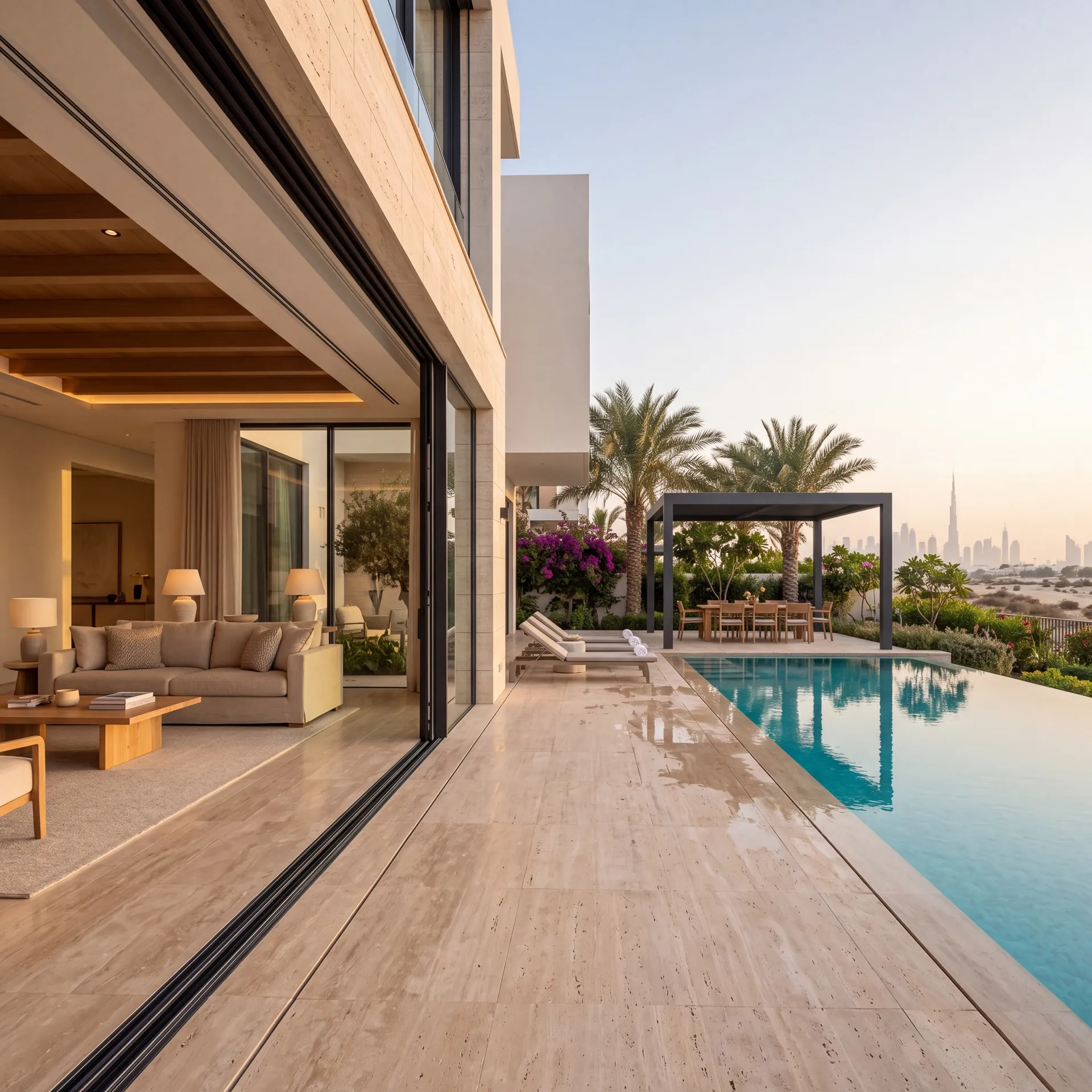 Villa in Dubai with wide aluminium sliding doors onto a garden