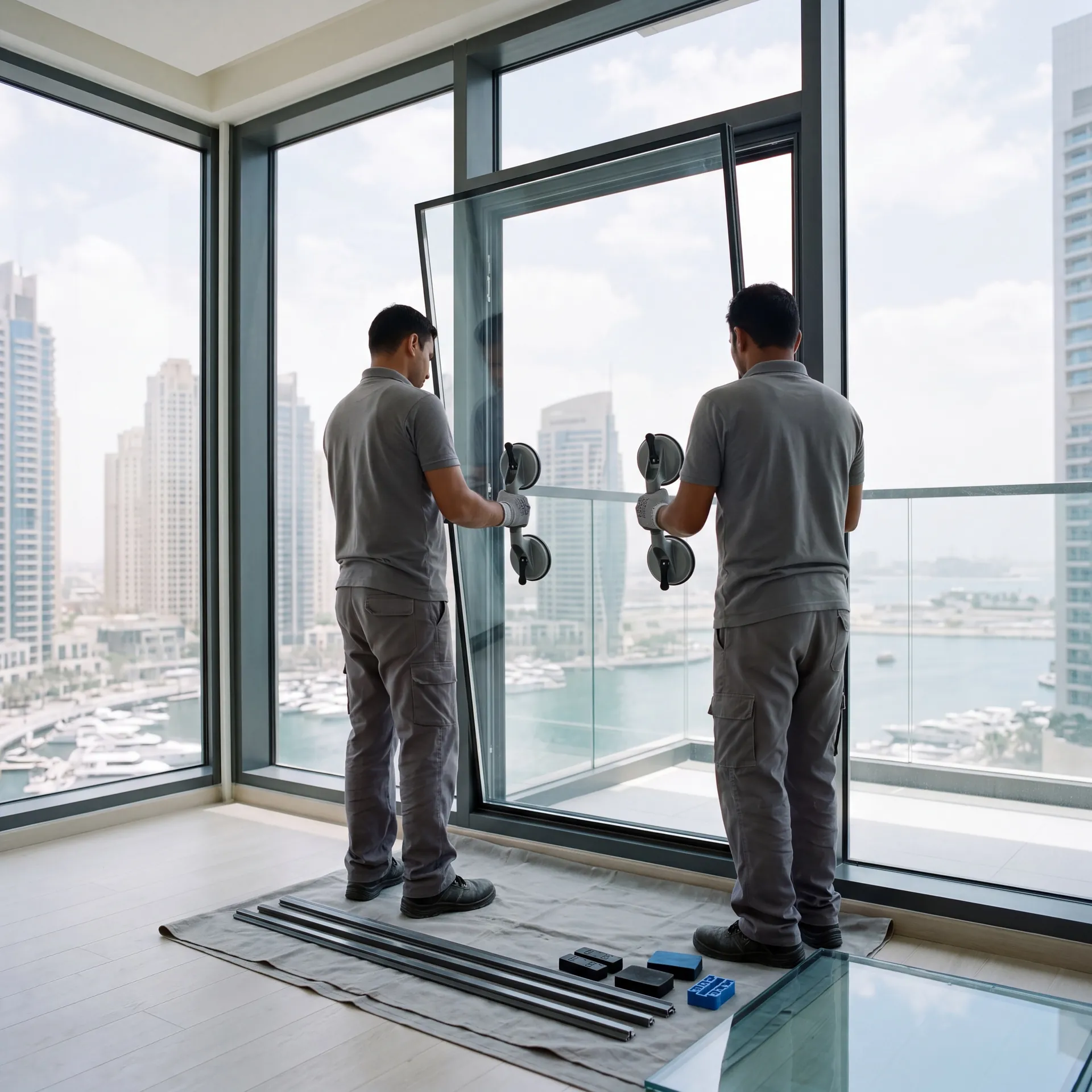 Double-glazed unit being lifted into an aluminium window frame