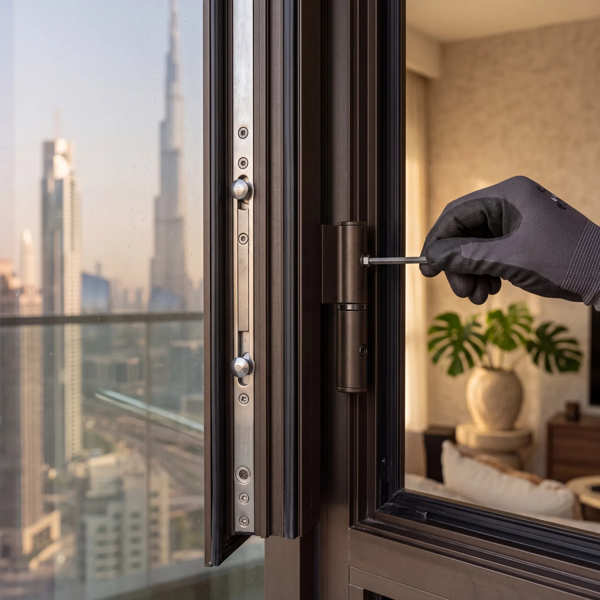 Hinge and locking hardware exposed on the edge of an open aluminium sash