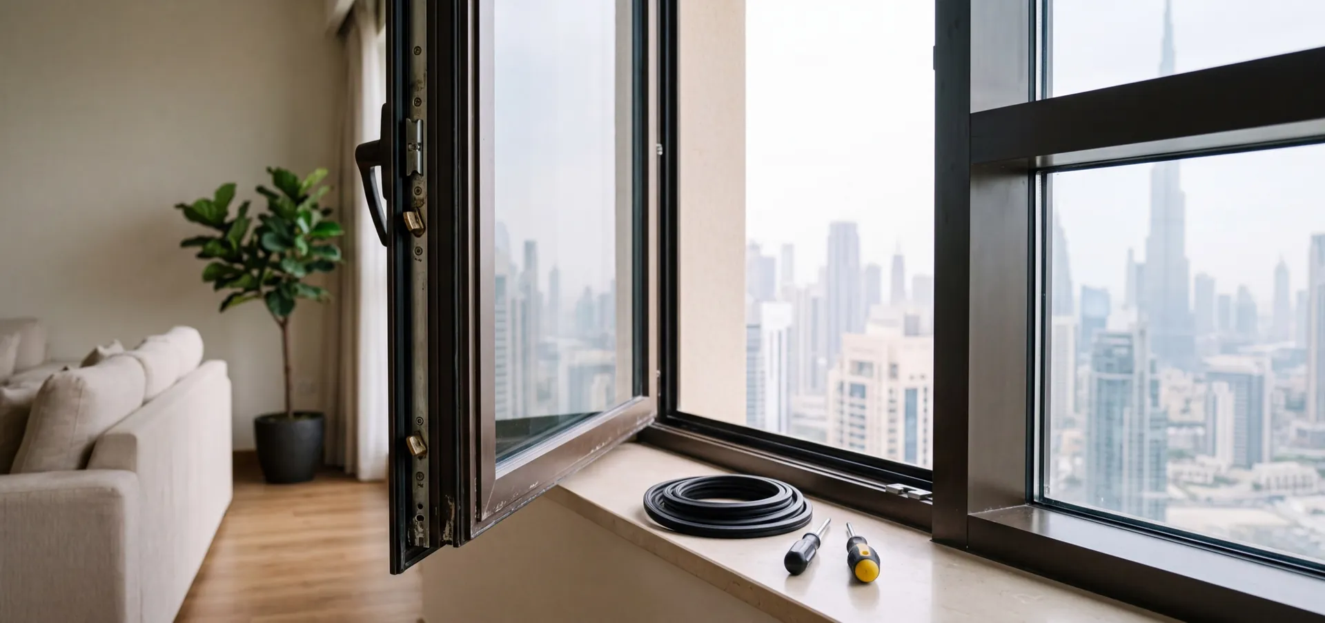 Aluminium window sash open on a service visit with hardware and gasket exposed