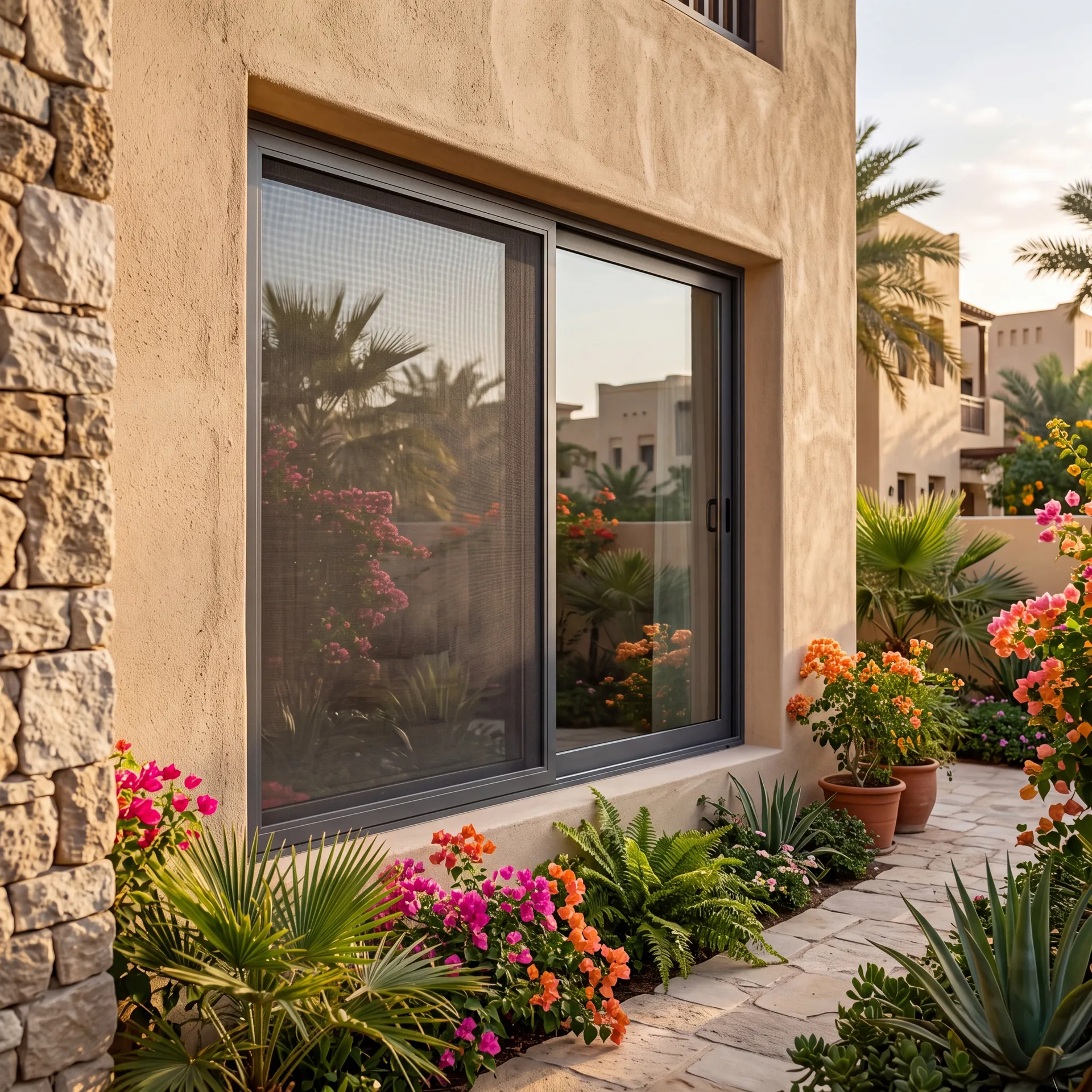 Fine insect mesh in a slim aluminium screen frame on a villa window