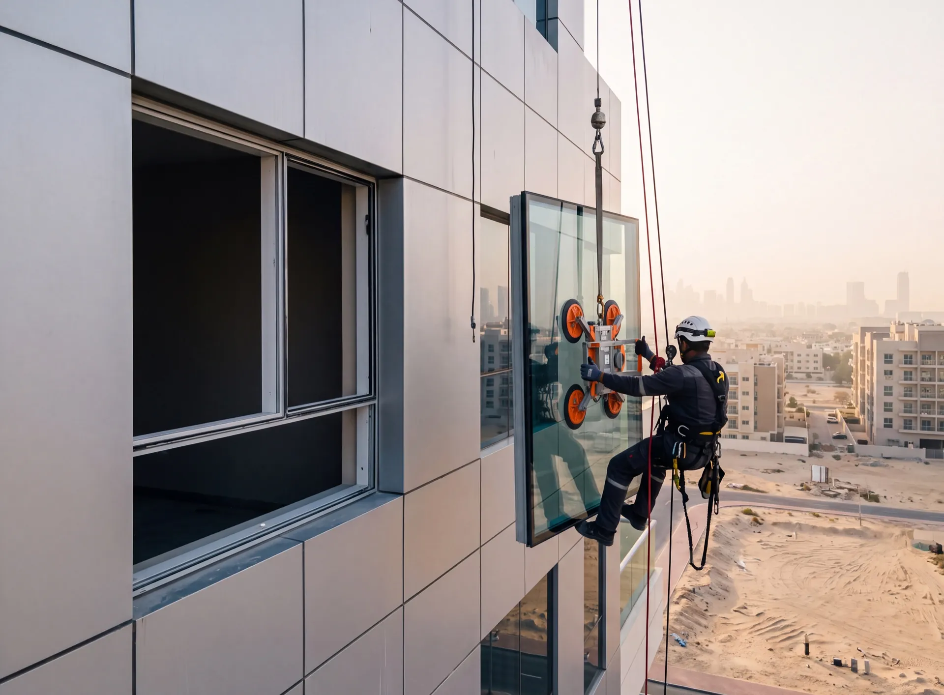 Sealed glazing unit on a lifting line beside an aluminium facade opening with suction handles on its face