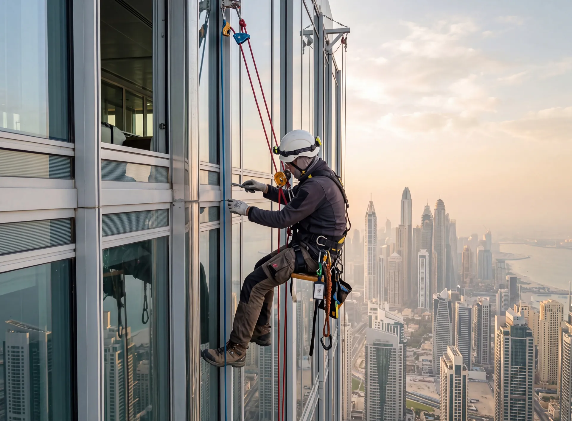 Rope access technician on a working line with a separate safety line against a high-rise aluminium facade in Dubai