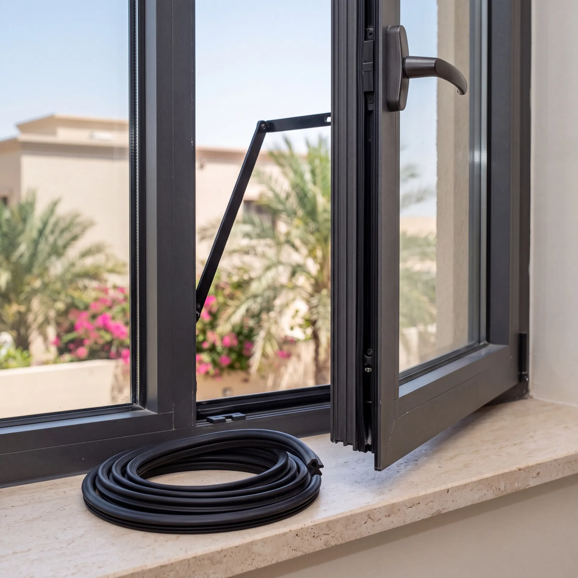 Open aluminium window sash with the gasket groove visible and a coil of new gasket on the sill