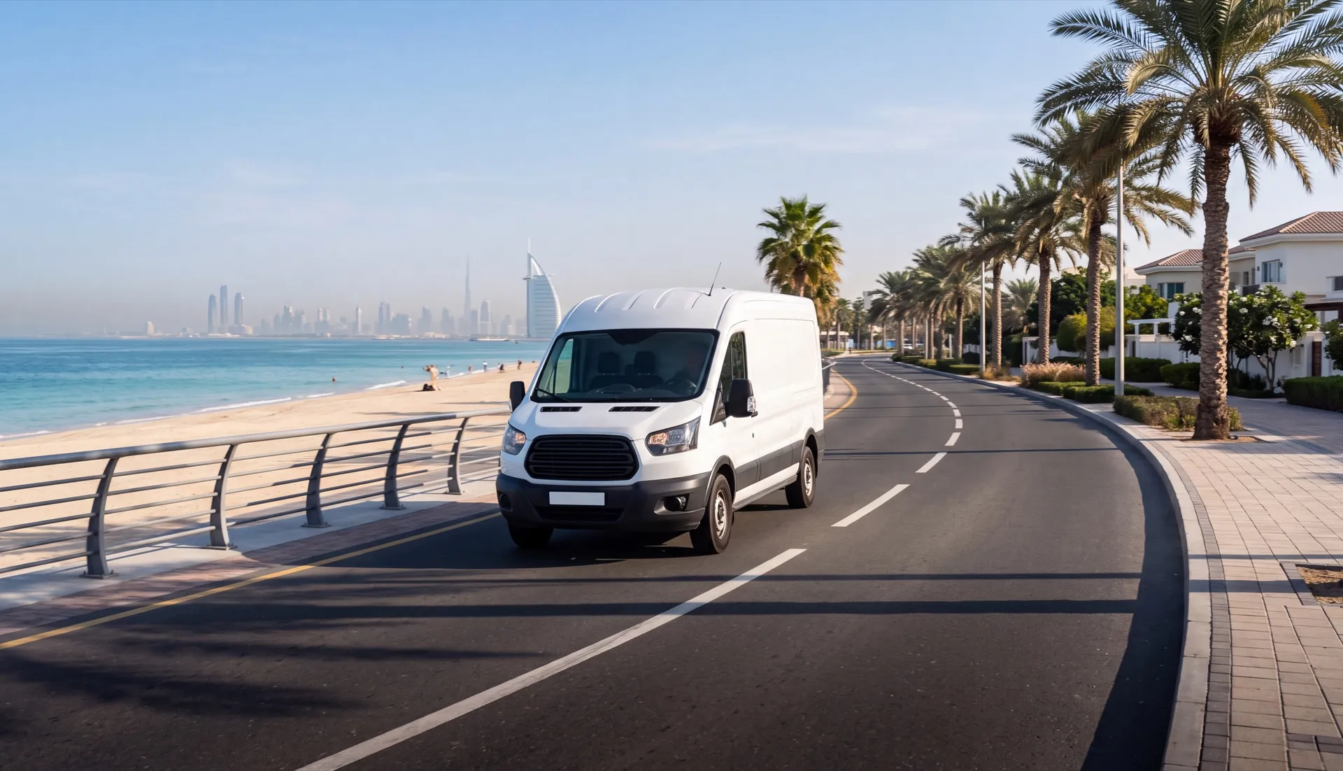Aluminum Windows UAE branded service car on a Dubai coastal road with palms