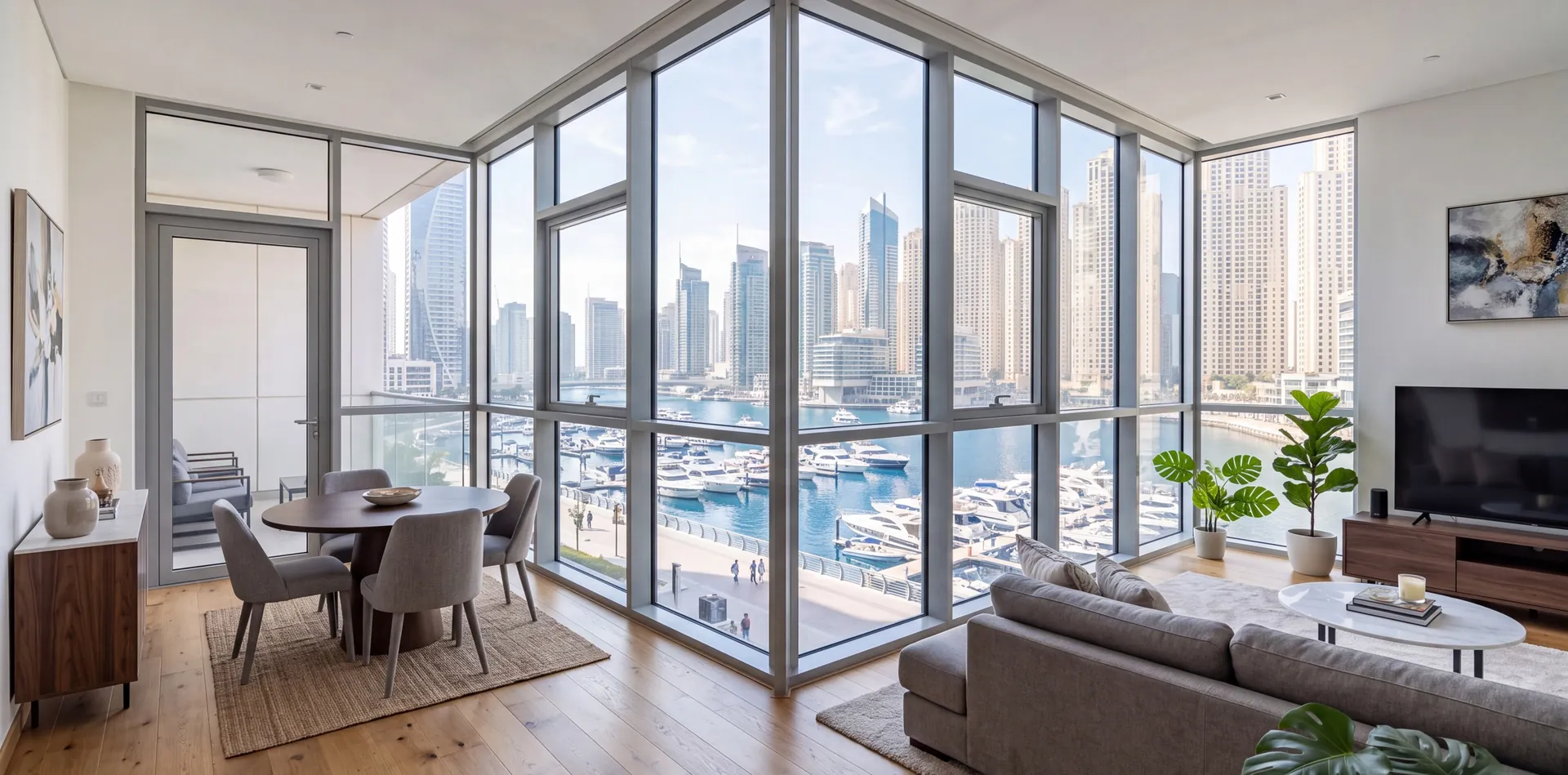Dubai Marina apartment interior with floor-to-ceiling aluminium windows overlooking the marina