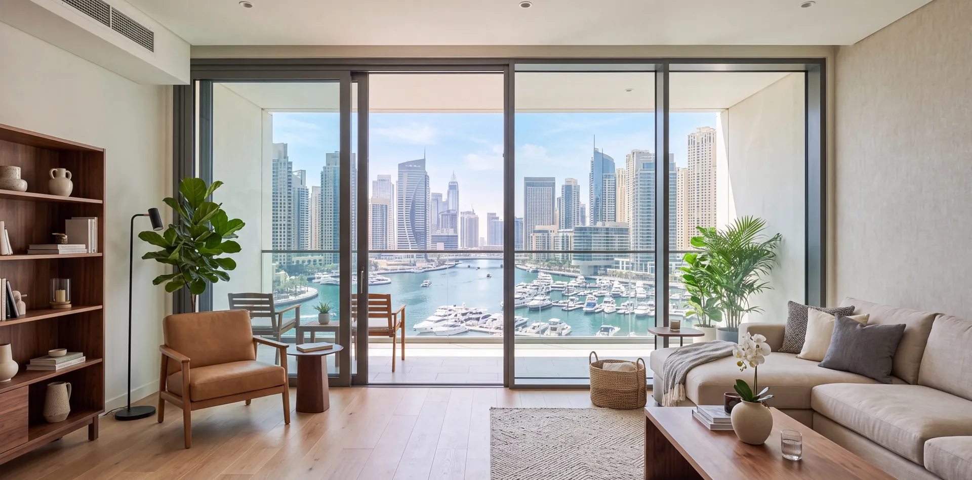 Living room of a Dubai Marina apartment with aluminium sliding windows onto the balcony