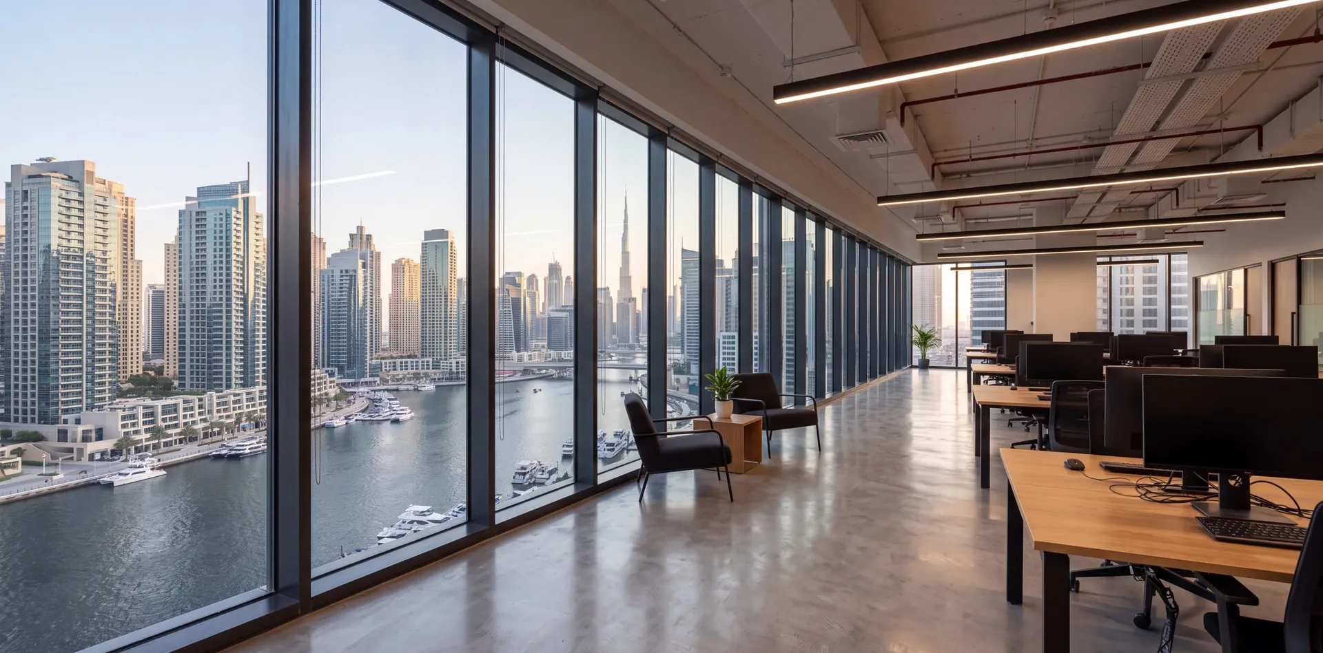 Business Bay office interior with an aluminium framed glazing wall facing the city towers