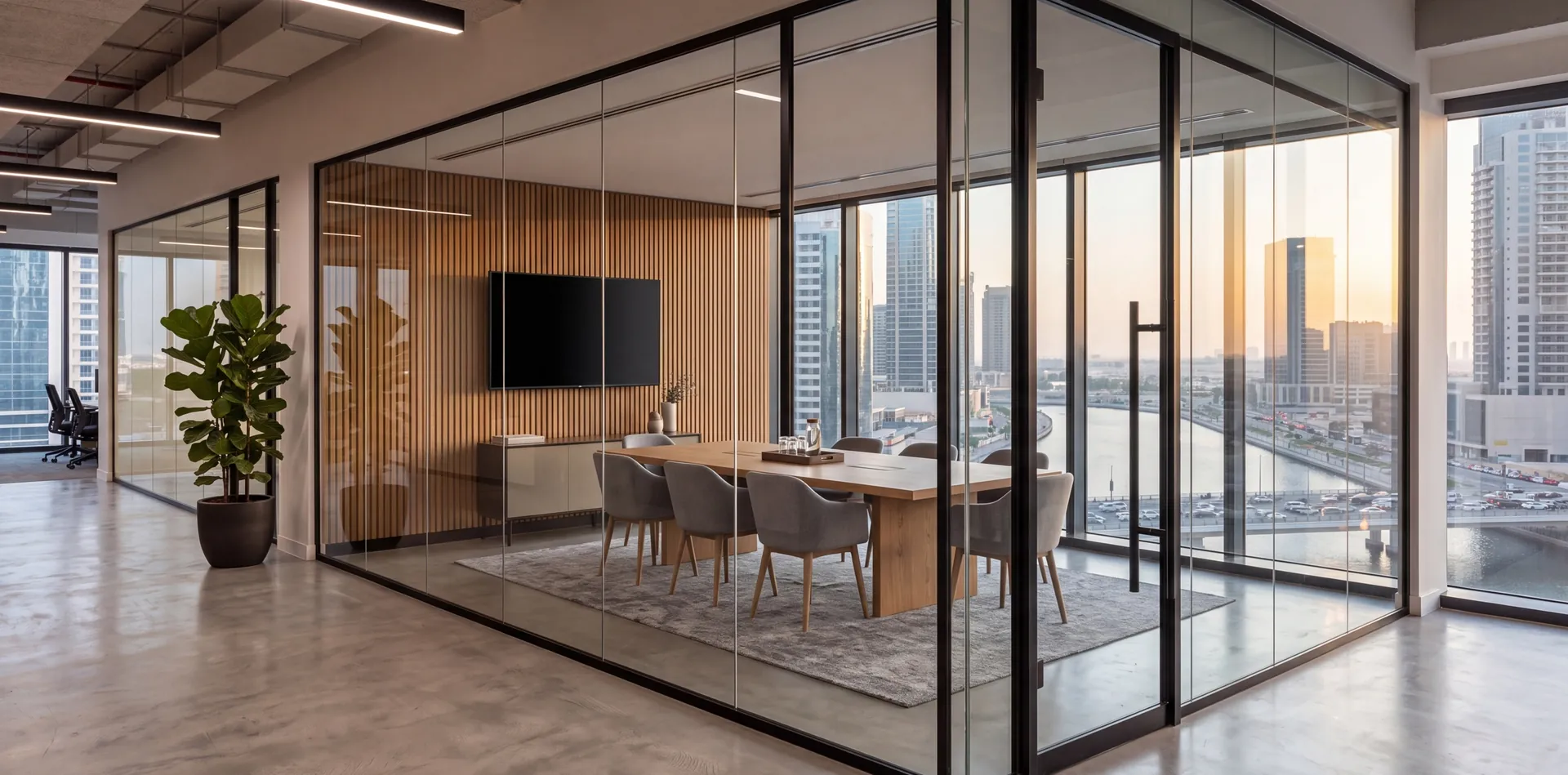 Meeting room behind a full-height aluminium glazed partition in a Business Bay office