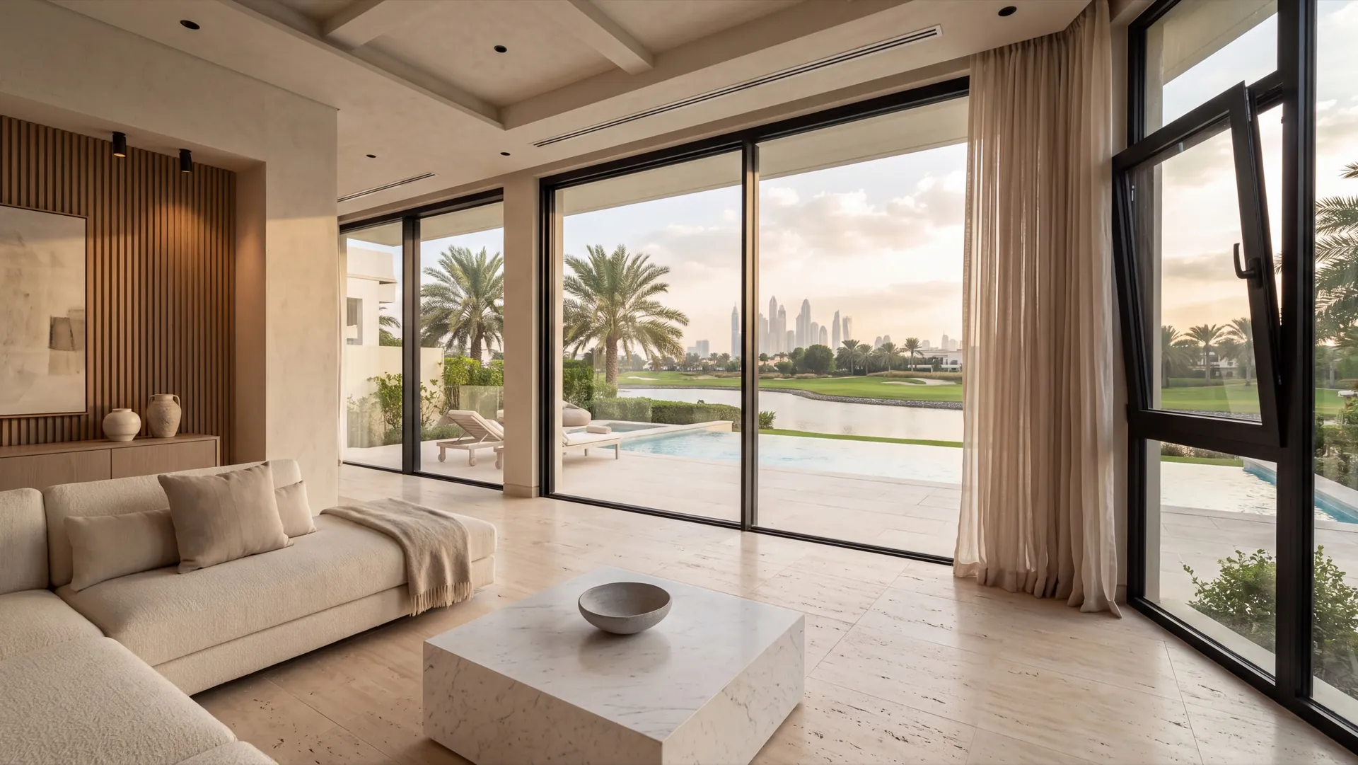 Villa living room in Emirates Hills with floor-to-ceiling Schüco AWS 70 glazing overlooking the marina