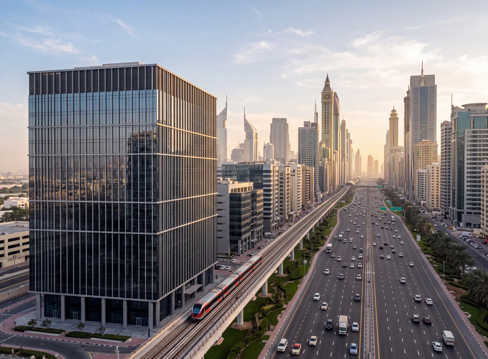 Sheikh Zayed Road in Dubai in the late afternoon with a glass office tower in the foreground