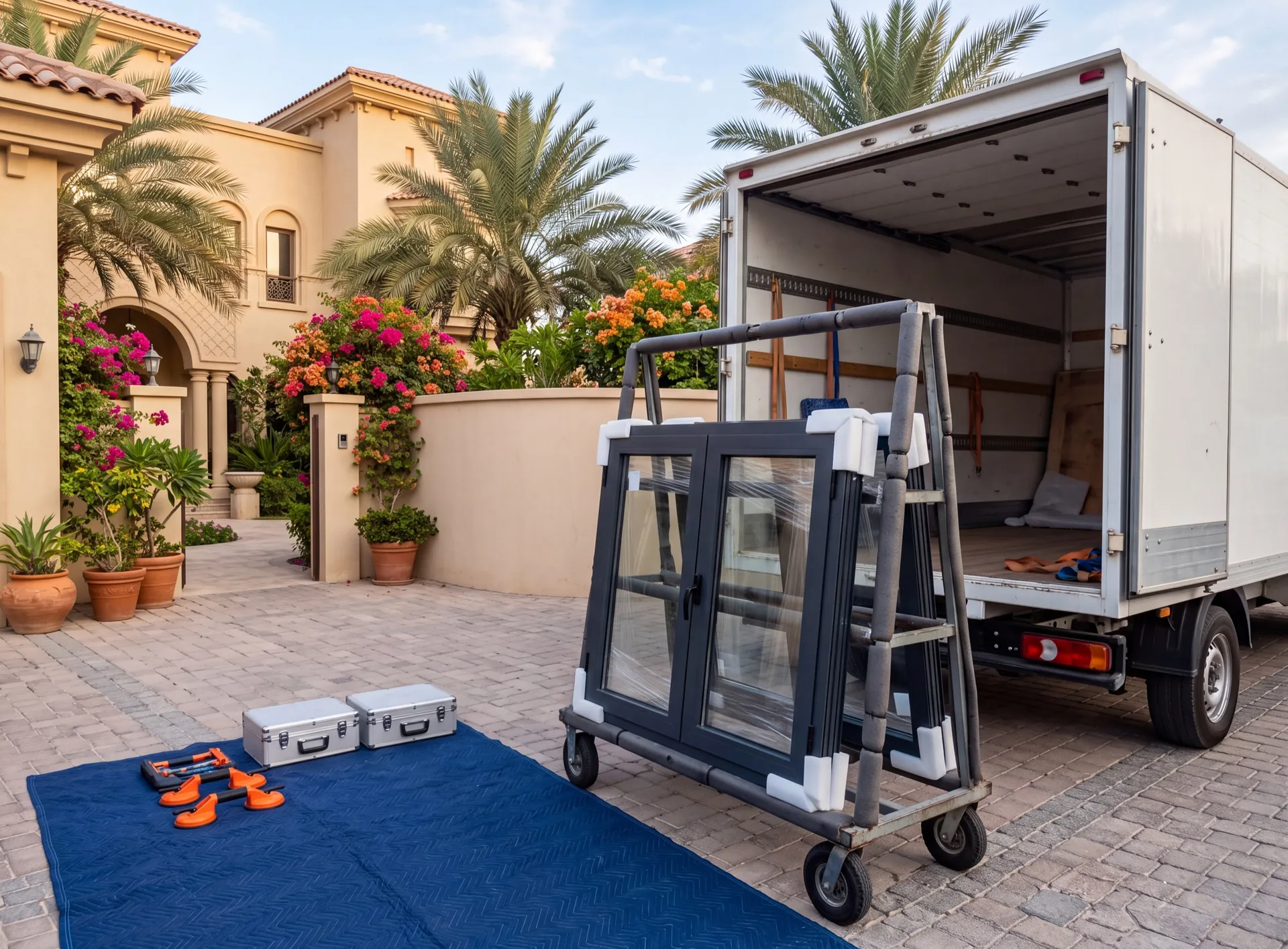 Wrapped aluminium window units on a padded trolley beside a delivery truck at a Dubai villa