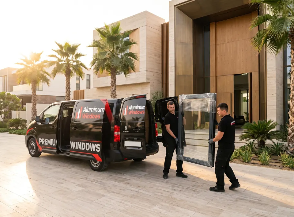 विला के पास Aluminum Windows UAE की वैन, दो इंस्टॉलर लिपटा हुआ ग्लास यूनिट उठाए हुए