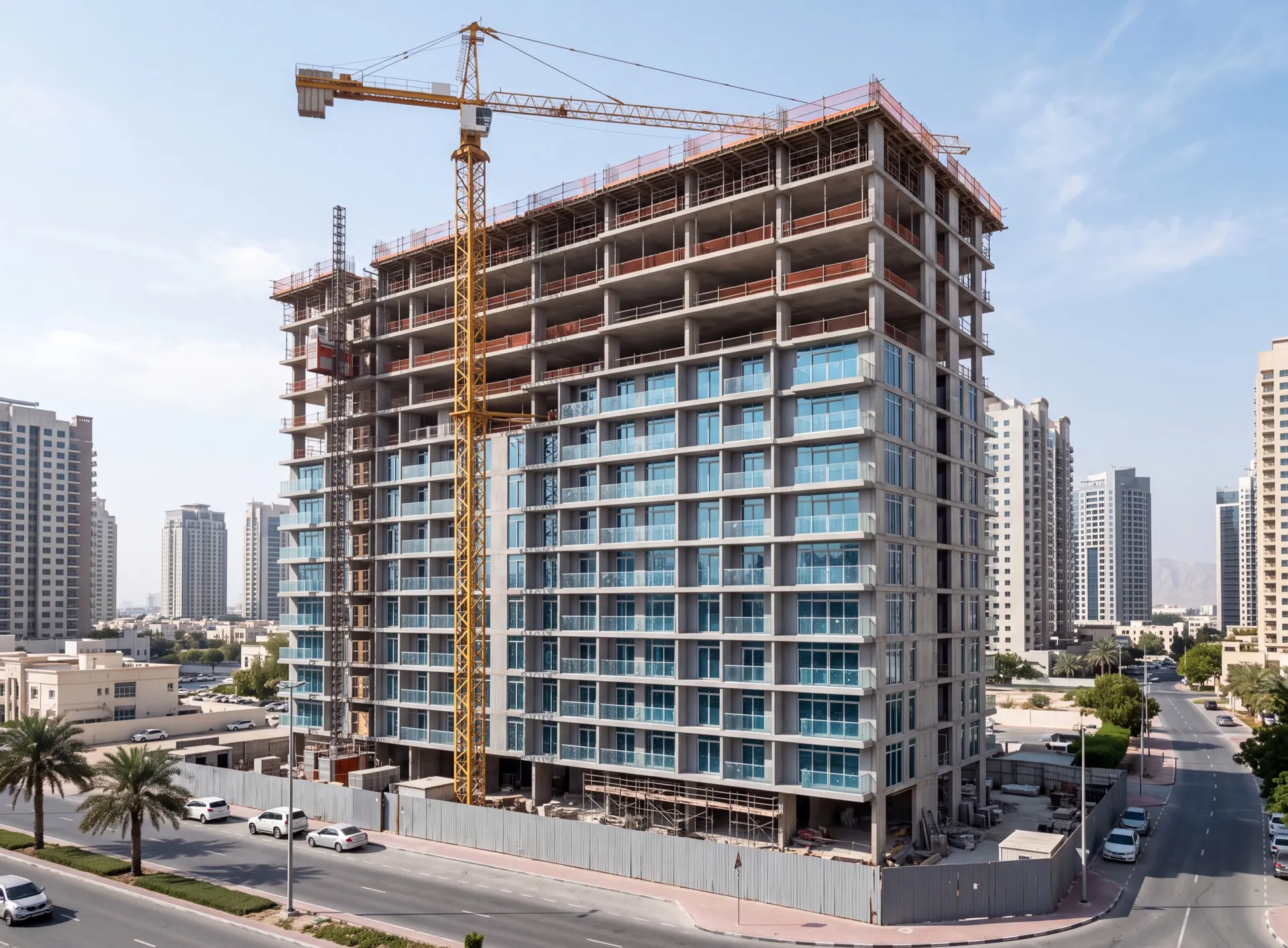 Residential tower under construction in Dubai with aluminium glazing units being fitted floor by floor