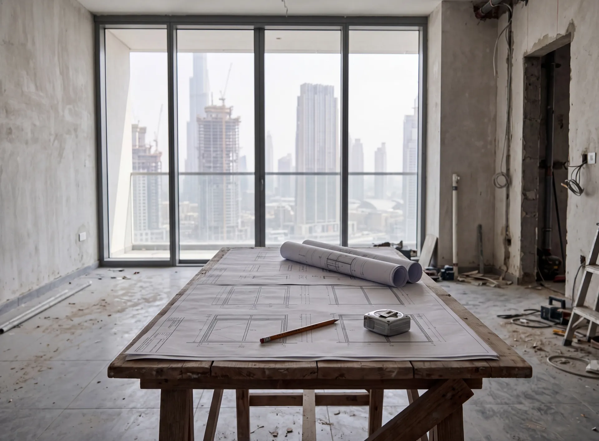 Technical drawings and a measuring tape on a trestle table in a Dubai apartment under fit-out