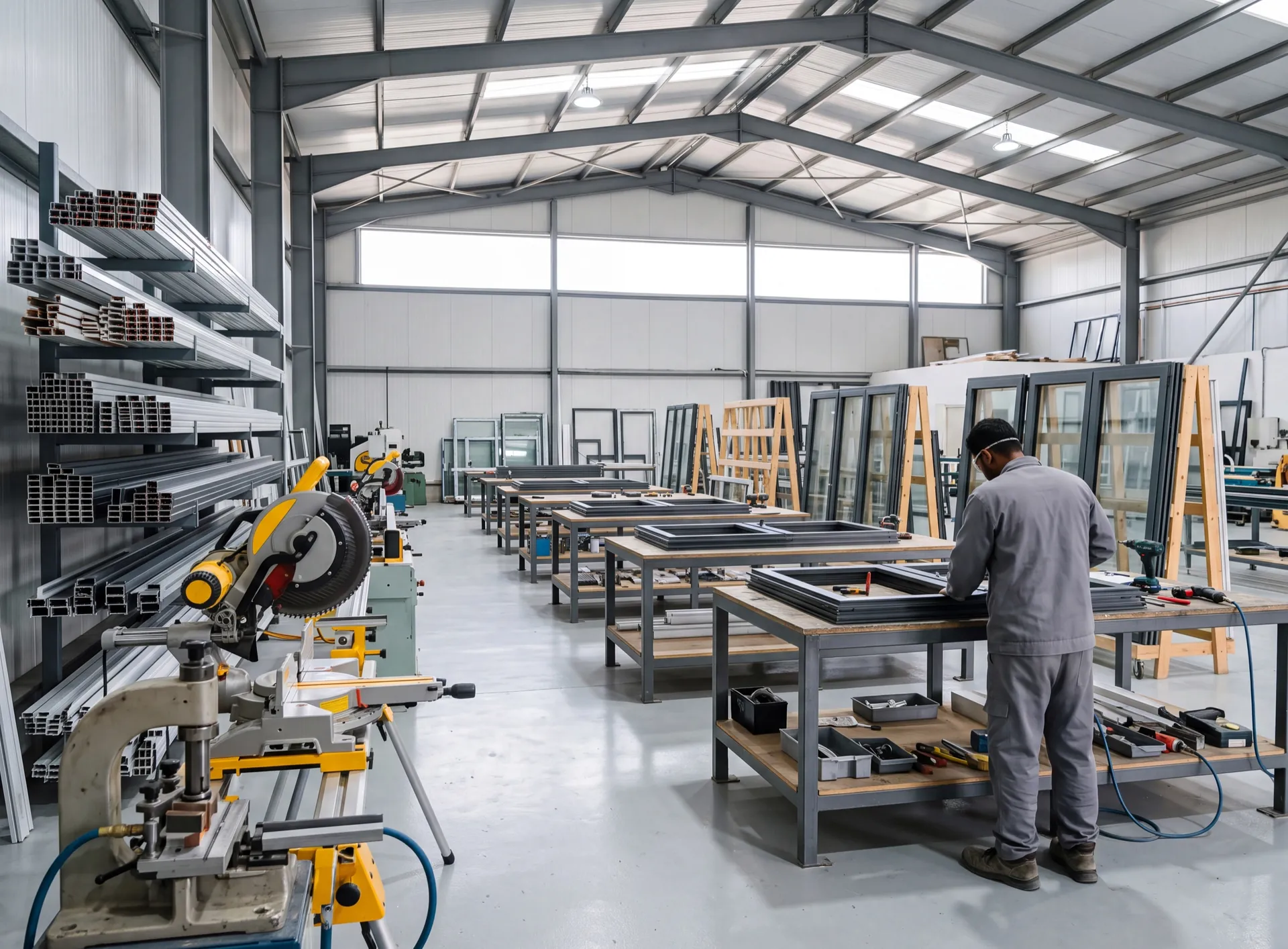 Clean aluminium window fabrication workshop in Dubai with profile racks and assembly benches