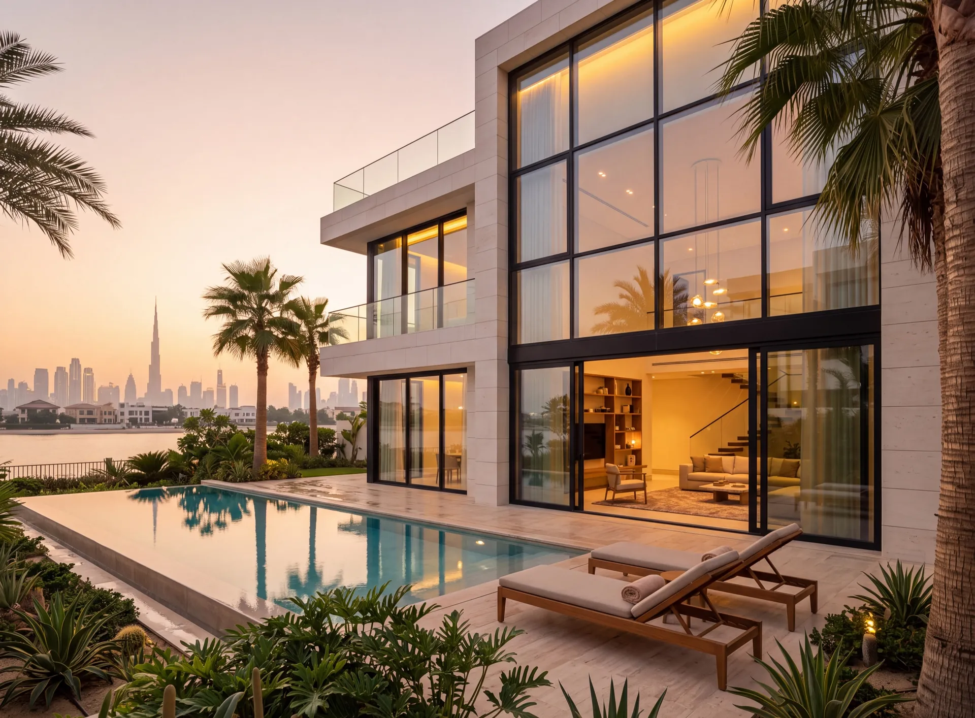 Panoramic aluminium windows of a modern Dubai villa seen from the garden at golden hour