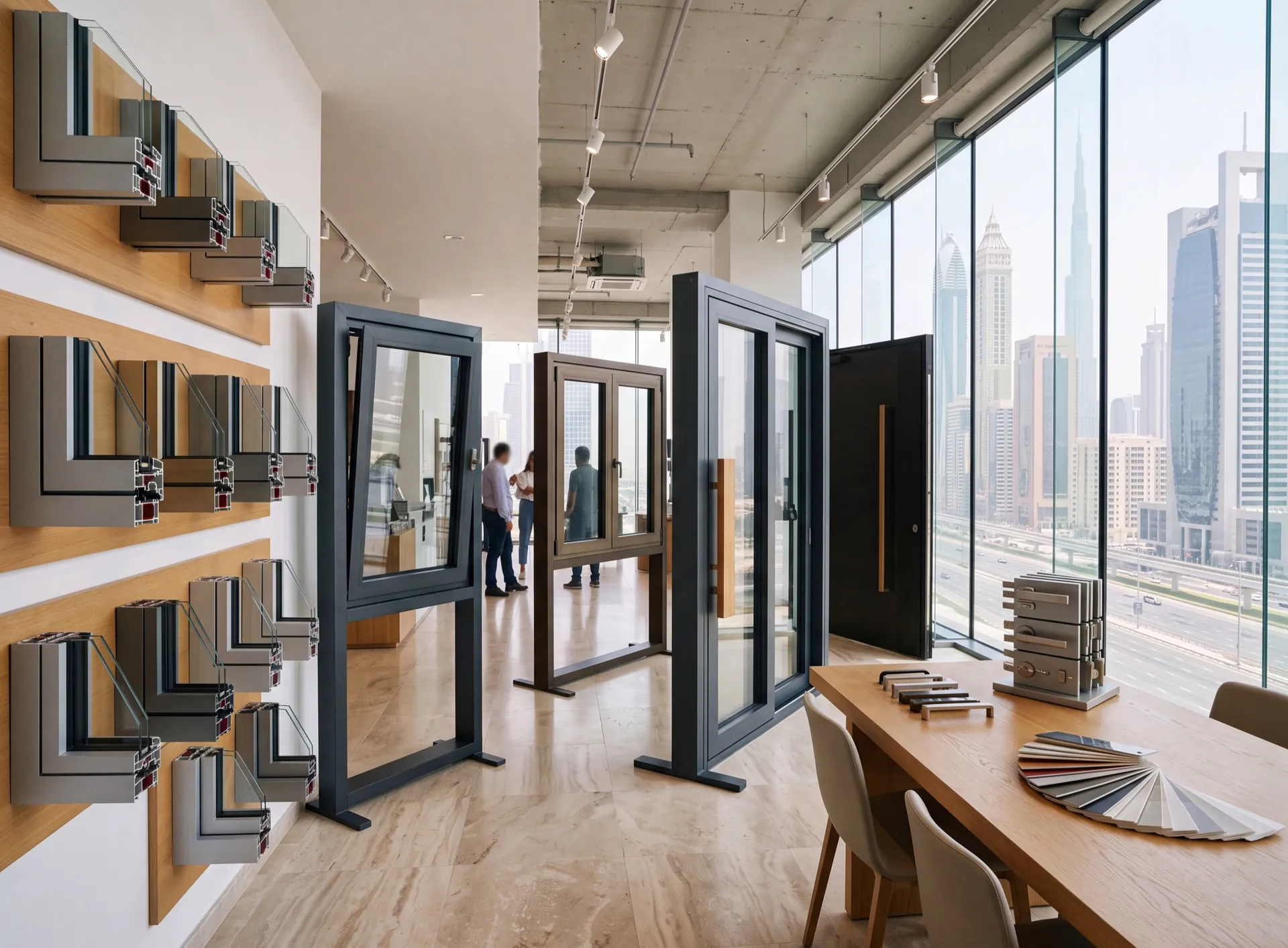 Bright aluminium windows and doors showroom in a Dubai tower with sample stands and profile sections
