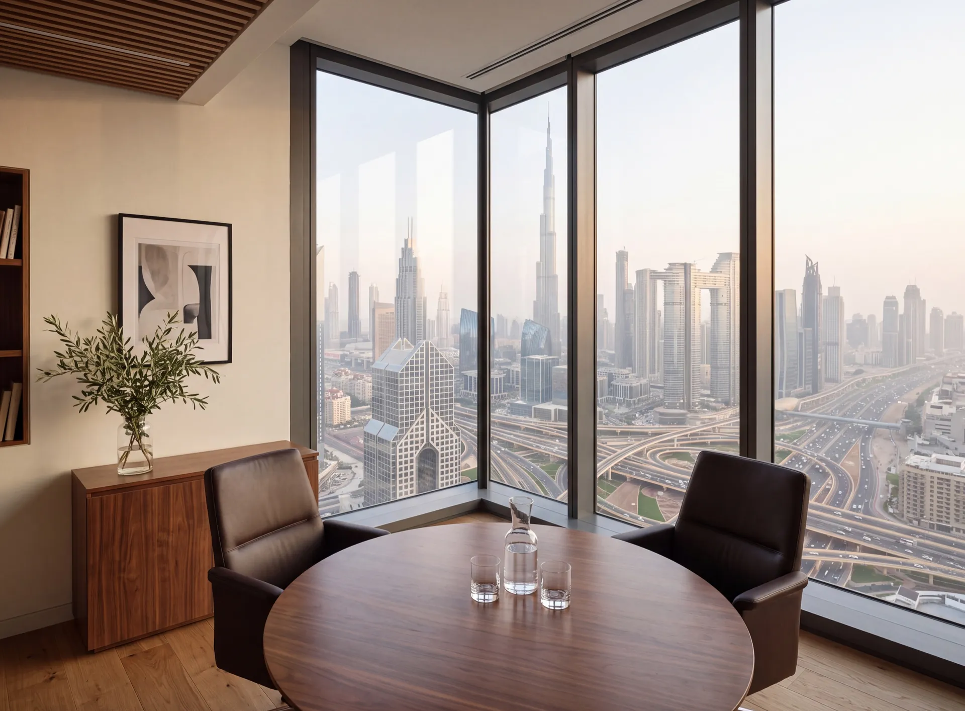 Quiet executive office high in a Dubai tower with a meeting table and floor-to-ceiling glazing